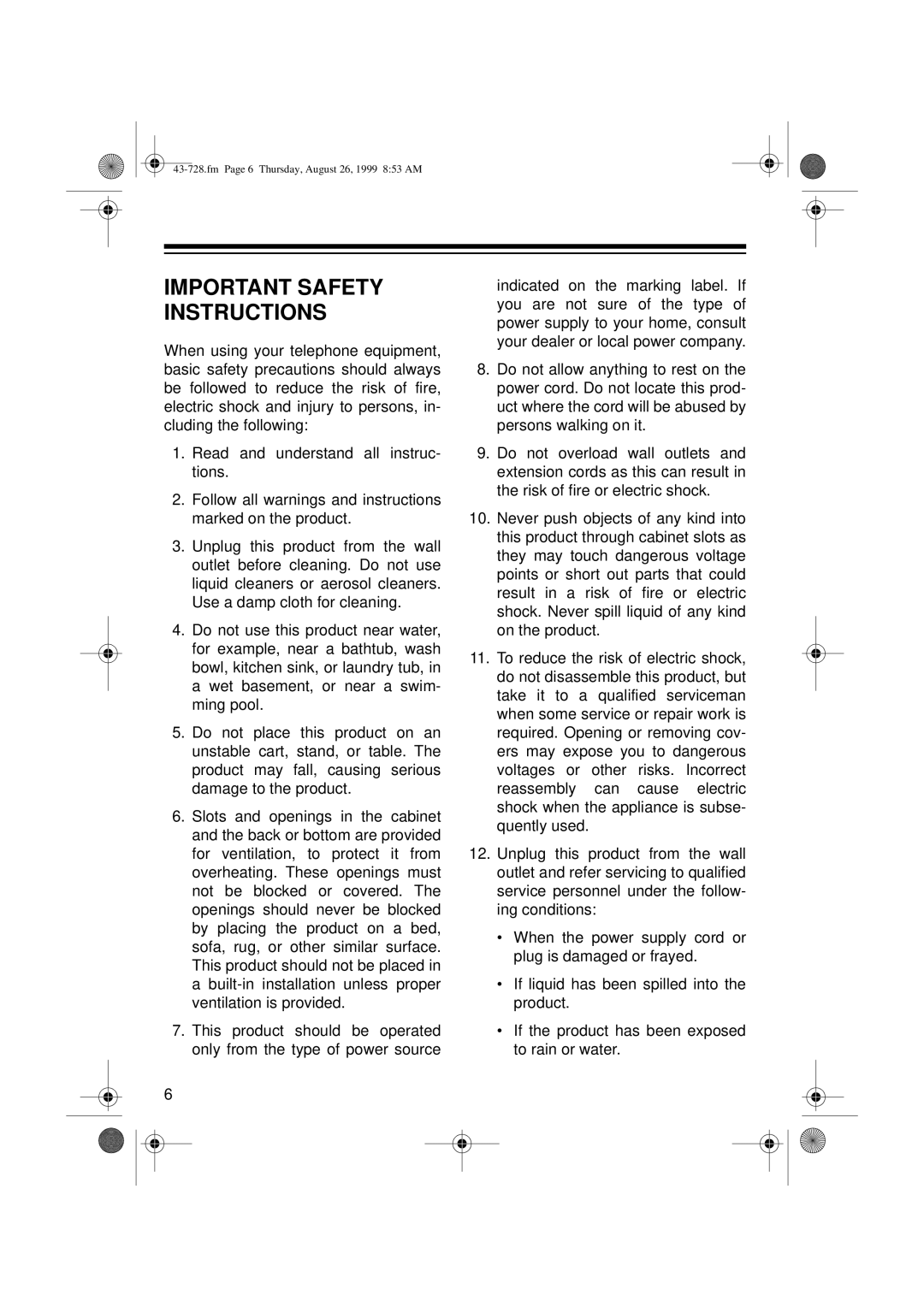 Radio Shack TAD-728 owner manual Important Safety Instructions 