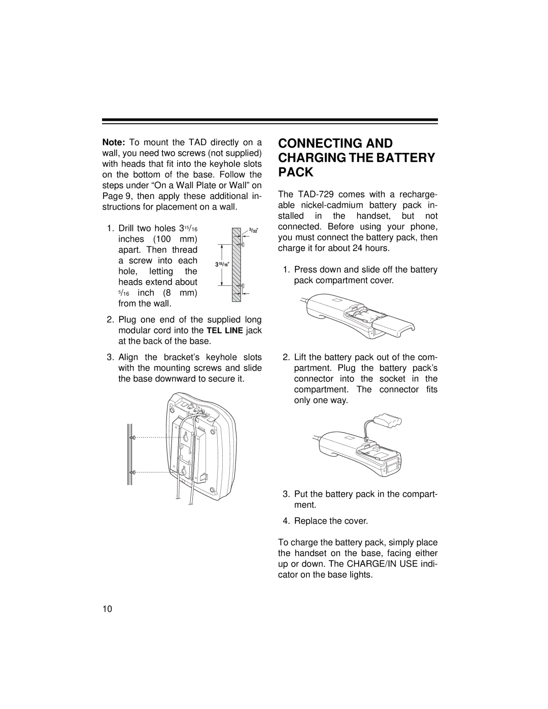 Radio Shack TAD-729 owner manual Connecting and Charging the Battery Pack 