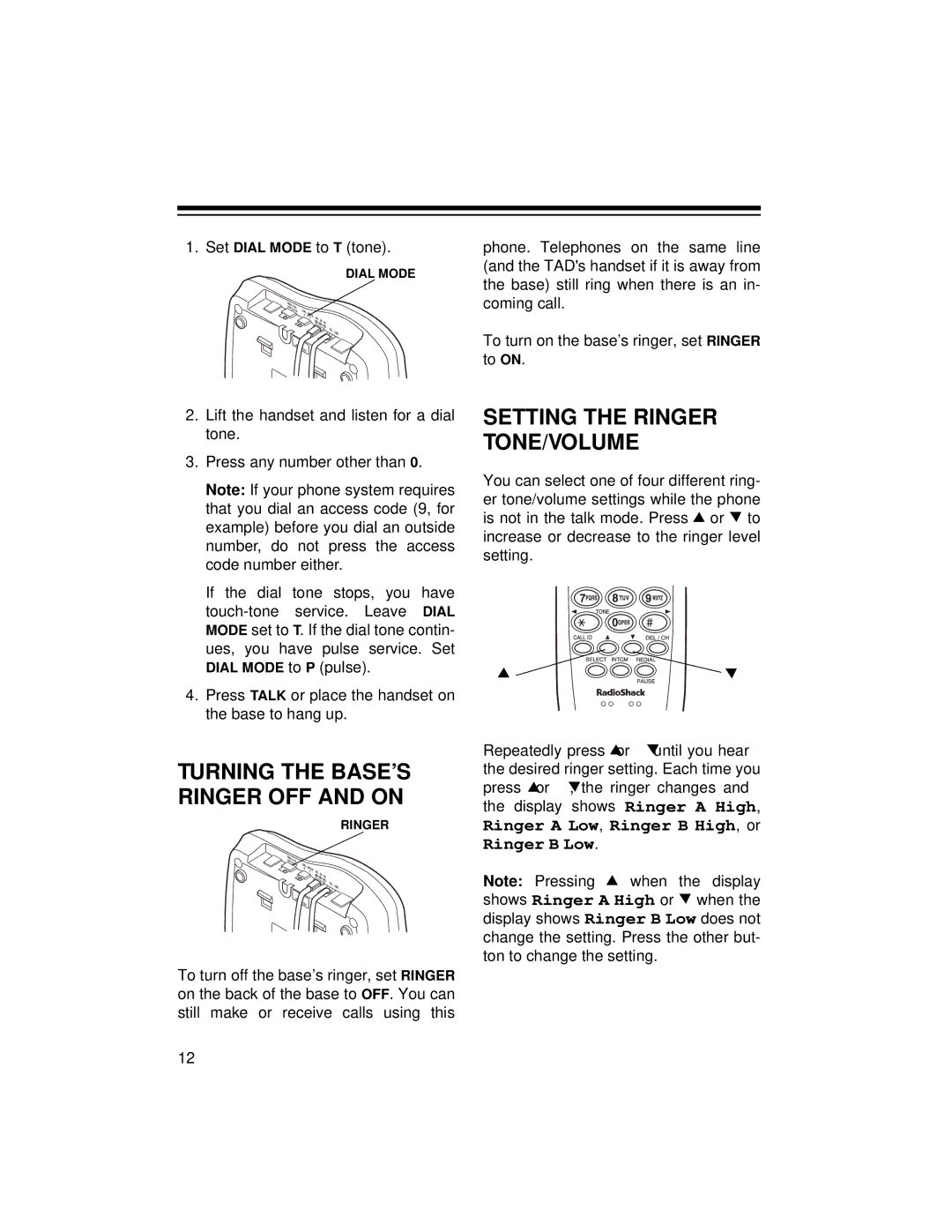 Radio Shack TAD-729 owner manual Turning the BASE’S Ringer OFF and on, Setting the Ringer TONE/VOLUME 