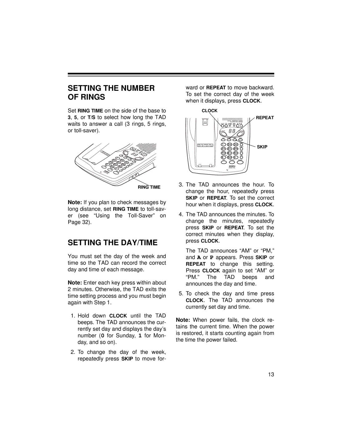 Radio Shack TAD-729 owner manual Setting the Number of Rings, Setting the DAY/TIME 