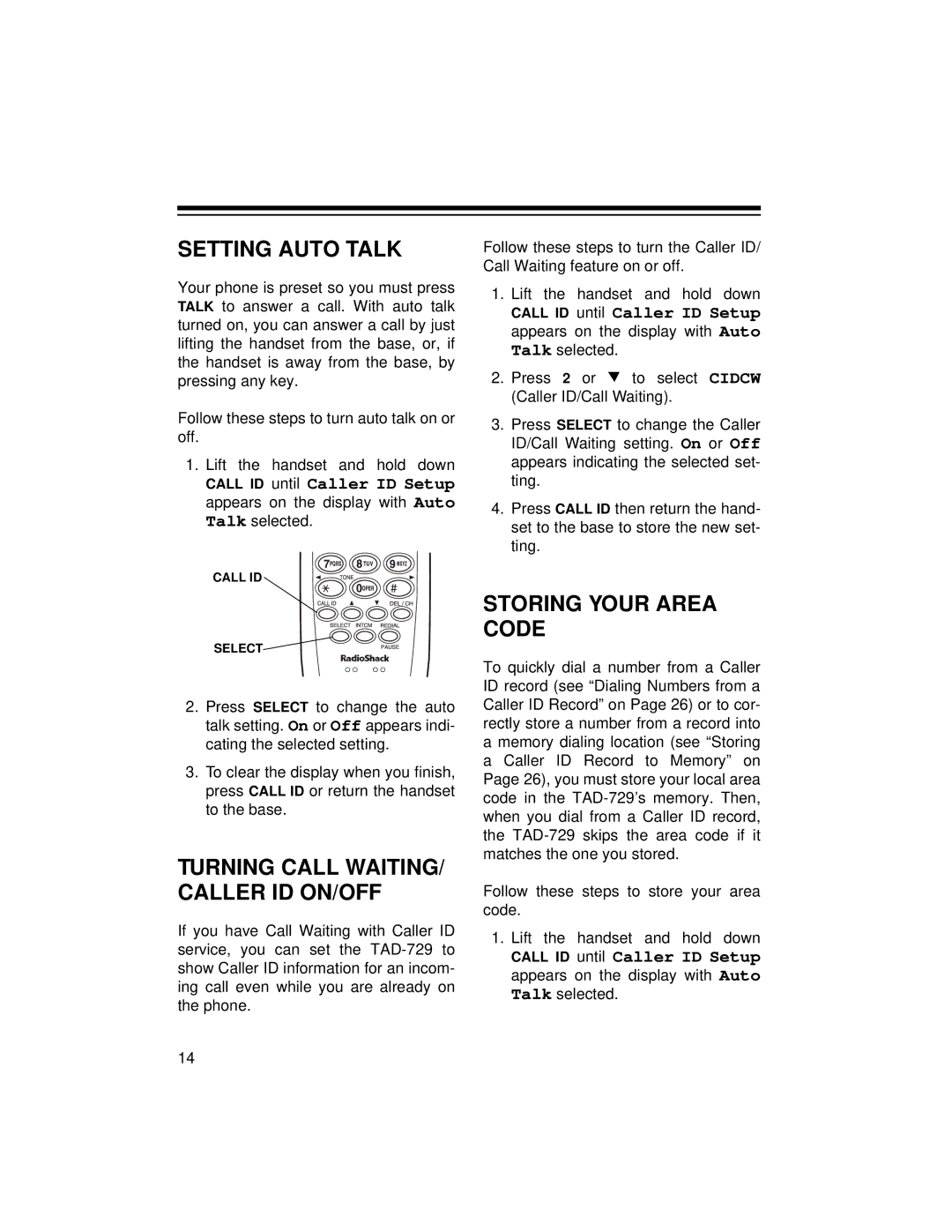 Radio Shack TAD-729 owner manual Setting Auto Talk, Turning Call WAITING/ Caller ID ON/OFF, Storing Your Area Code 