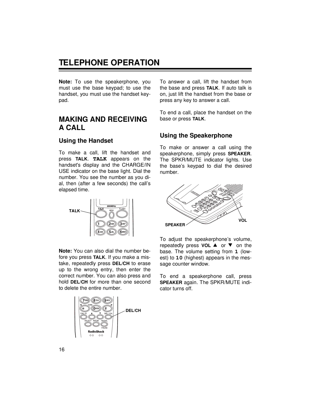 Radio Shack TAD-729 Telephone Operation, Making and Receiving a Call, Using the Handset, Using the Speakerphone 