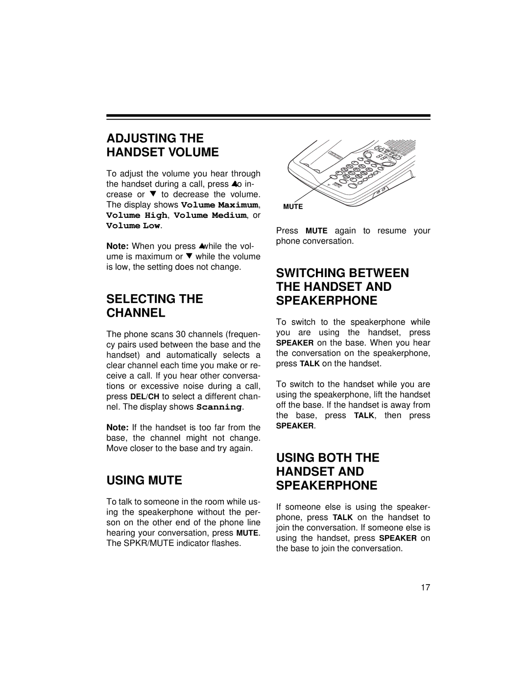 Radio Shack TAD-729 owner manual Adjusting Handset Volume, Selecting Channel, Using Mute, Using Both Handset Speakerphone 