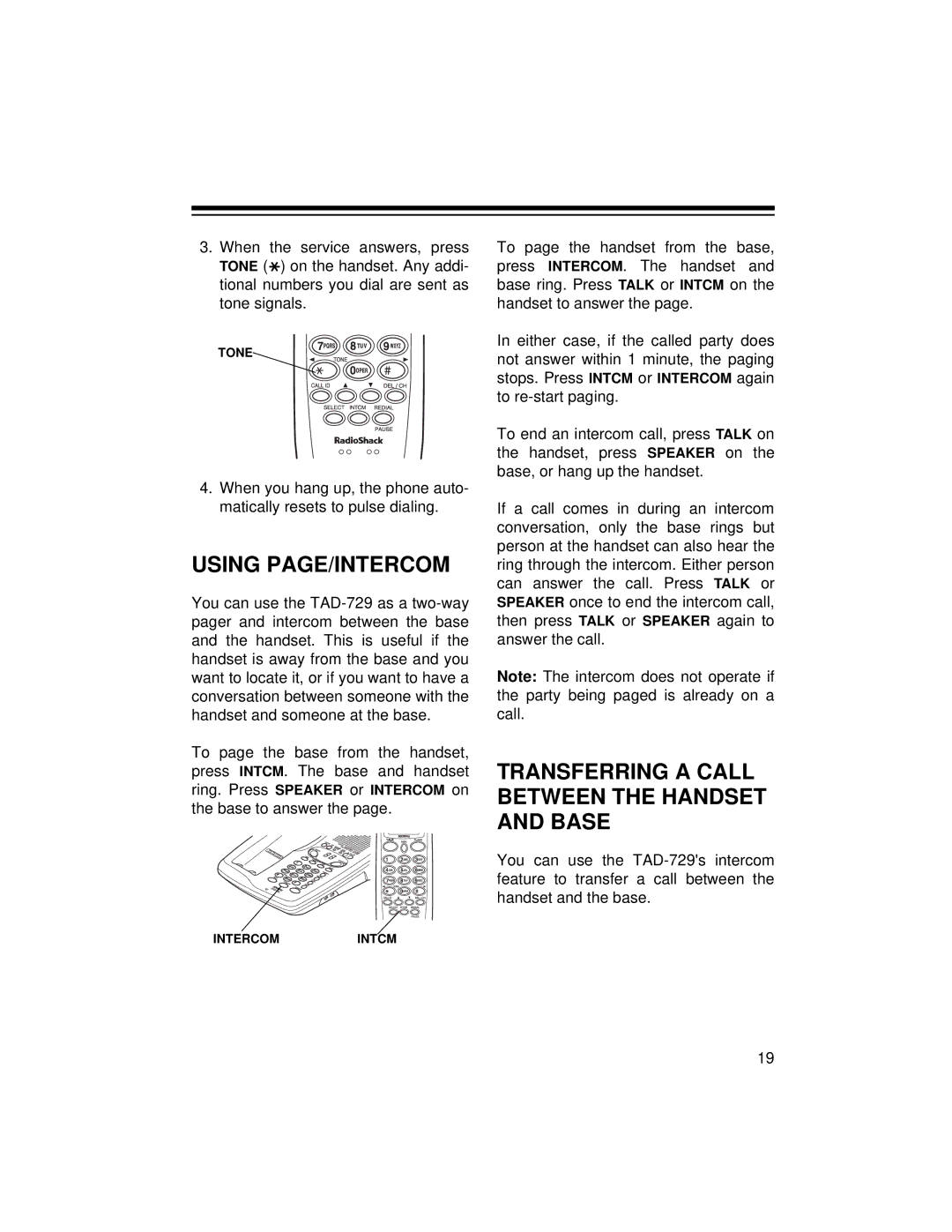 Radio Shack TAD-729 owner manual Using PAGE/INTERCOM, Transferring a Call Between the Handset and Base 