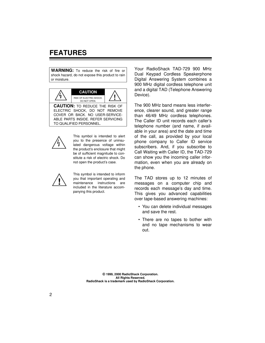 Radio Shack TAD-729 owner manual Features 