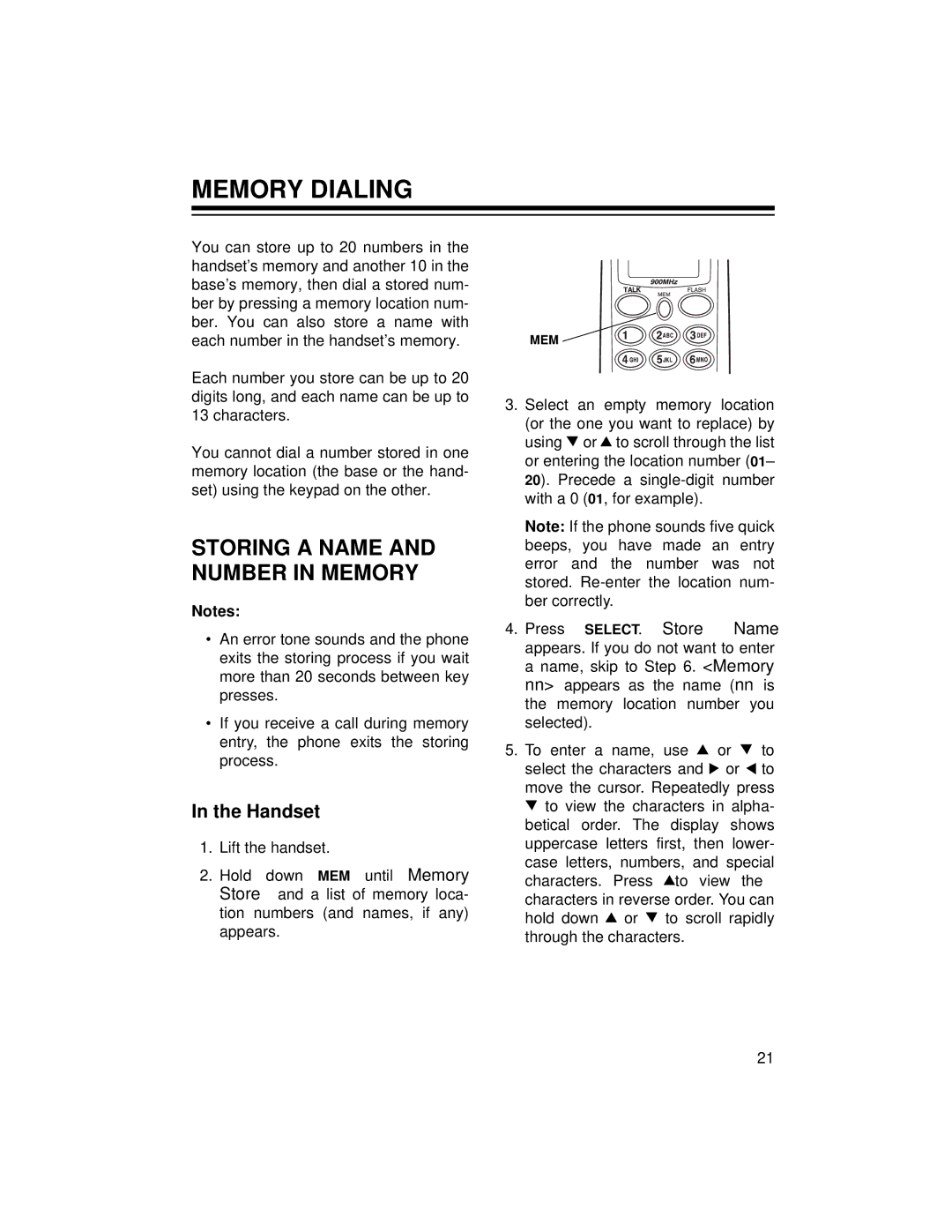 Radio Shack TAD-729 owner manual Memory Dialing, Storing a Name and Number in Memory, Handset 