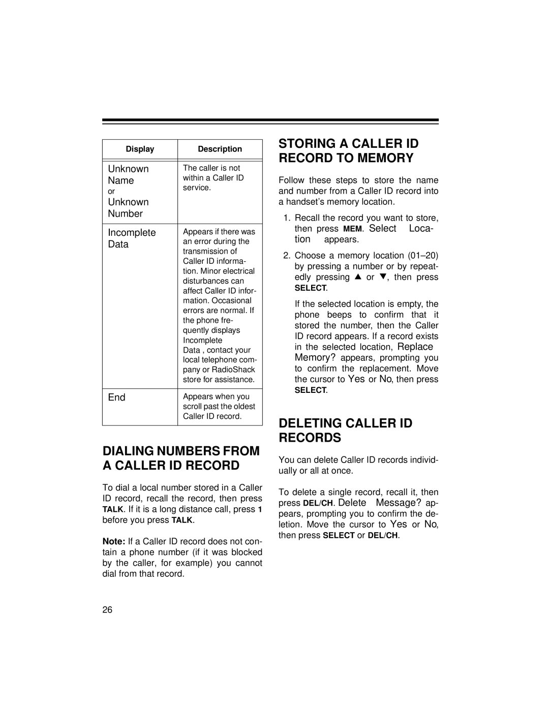 Radio Shack TAD-729 owner manual Storing a Caller ID Record to Memory, Deleting Caller ID Records 