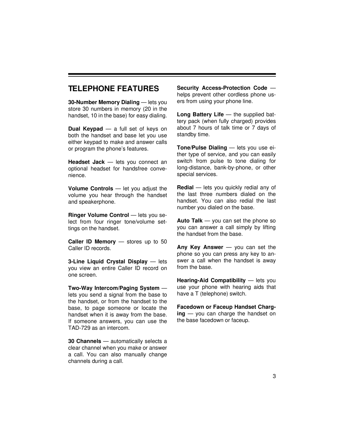 Radio Shack TAD-729 owner manual Telephone Features 