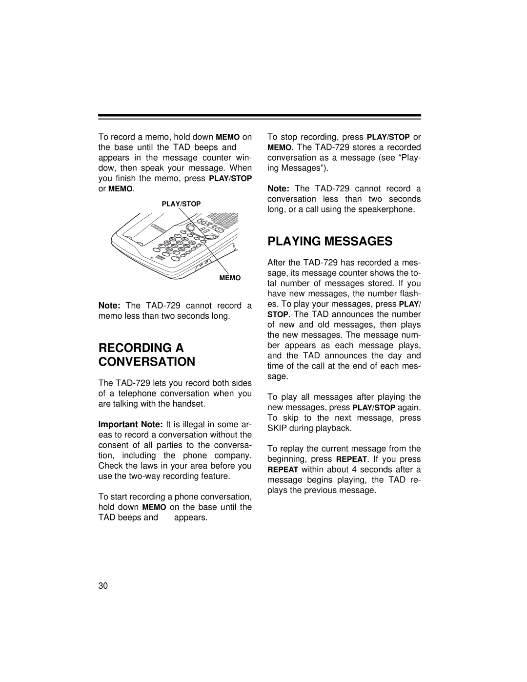 Radio Shack TAD-729 owner manual Recording a Conversation, Playing Messages 