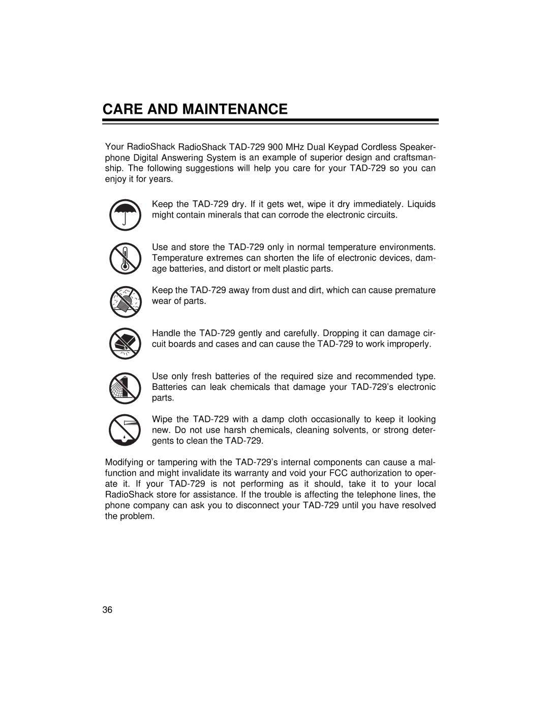 Radio Shack TAD-729 owner manual Care and Maintenance 