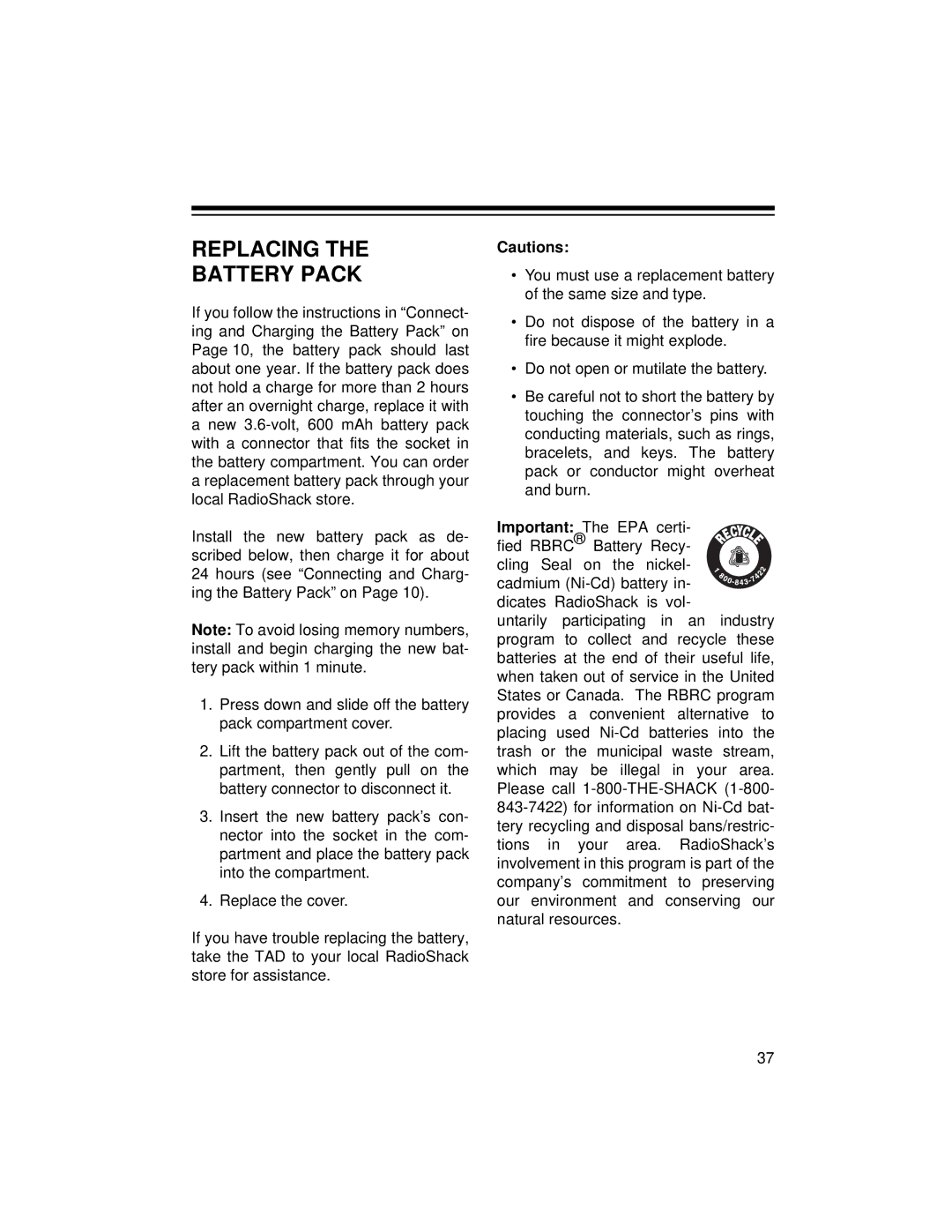 Radio Shack TAD-729 owner manual Replacing Battery Pack 