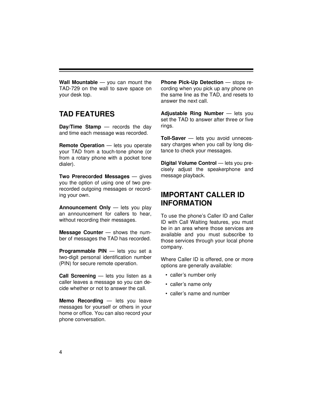 Radio Shack TAD-729 owner manual TAD Features, Important Caller ID Information 