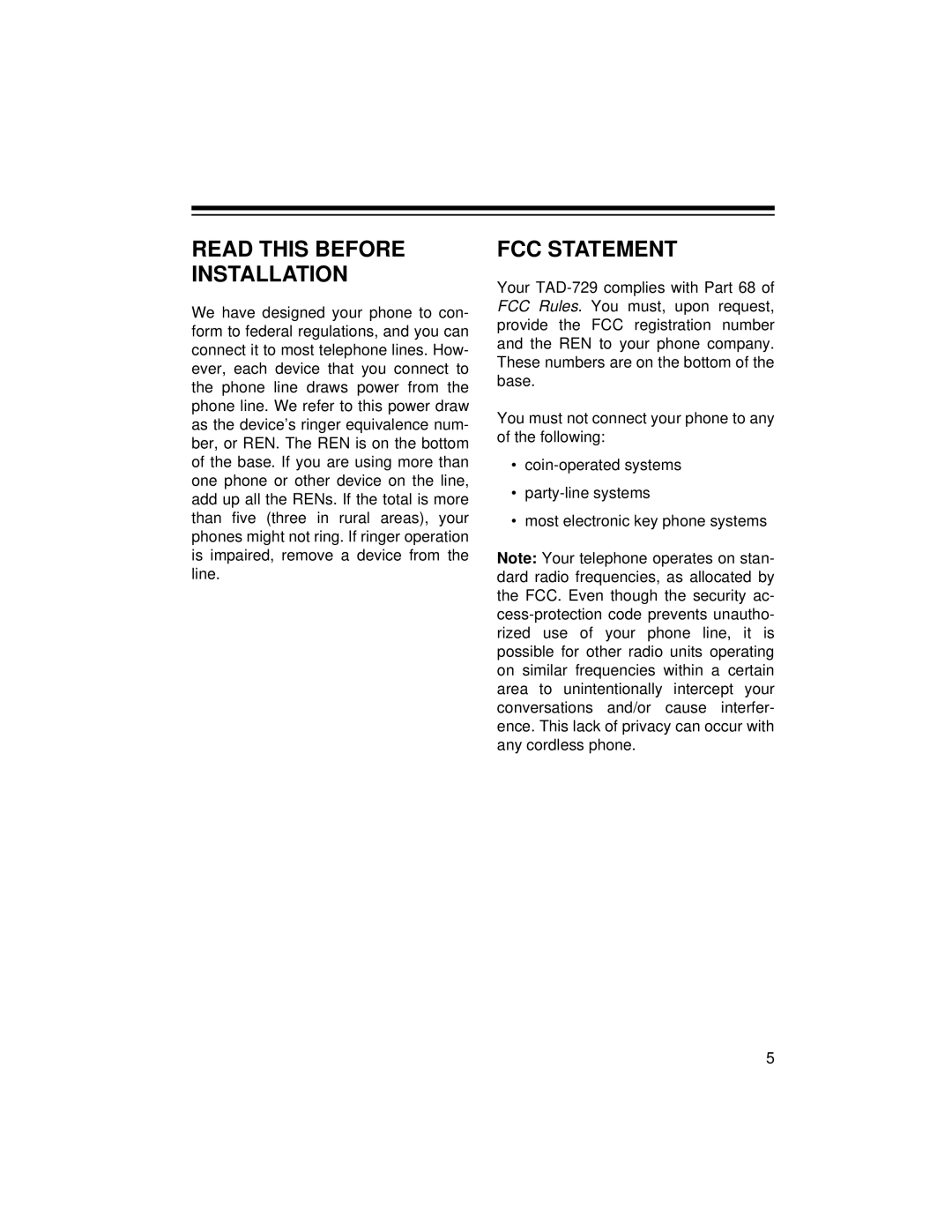 Radio Shack TAD-729 owner manual Read this Before Installation, FCC Statement 