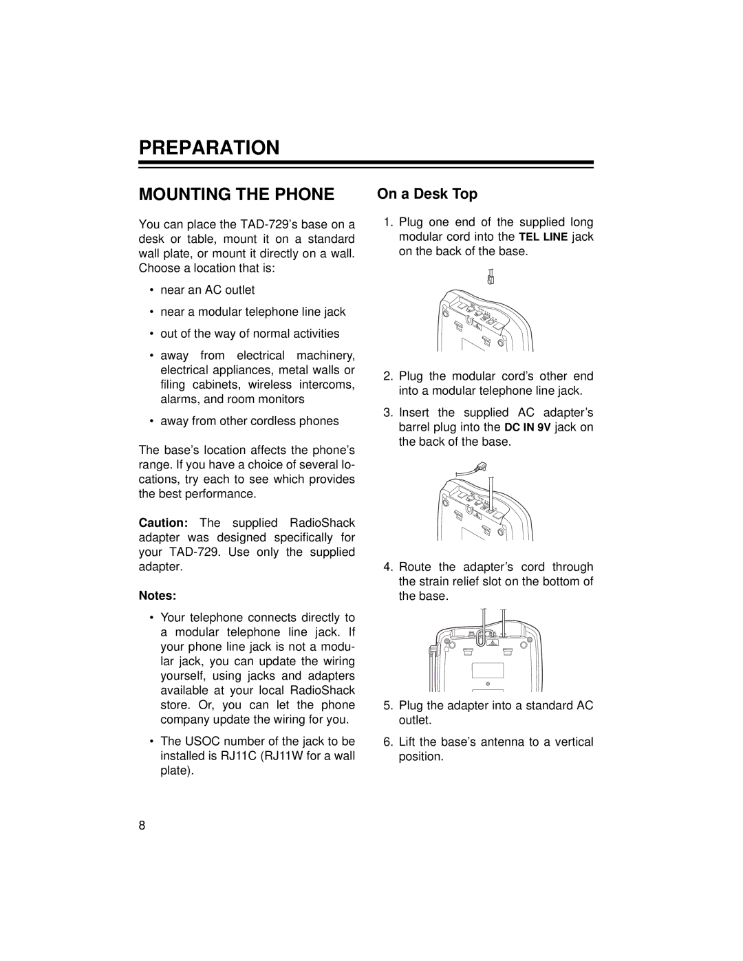 Radio Shack TAD-729 owner manual Preparation, Mounting the Phone, On a Desk Top 