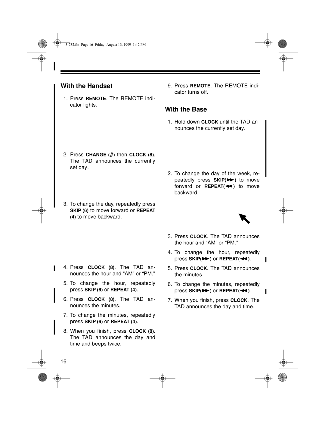 Radio Shack TAD-732 owner manual With the Handset, With the Base 