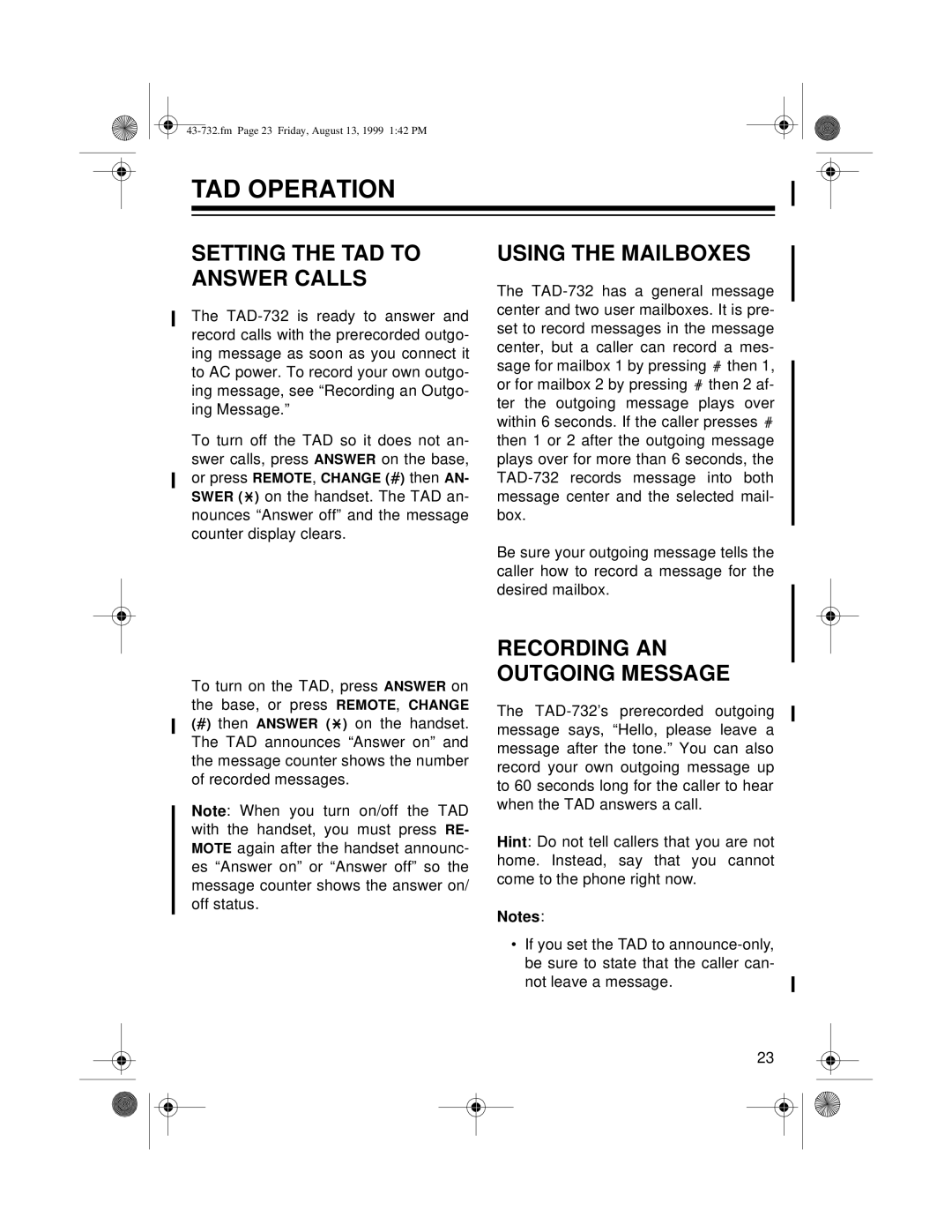 Radio Shack TAD-732 owner manual TAD Operation, Setting the TAD to Answer Calls, Using the Mailboxes 