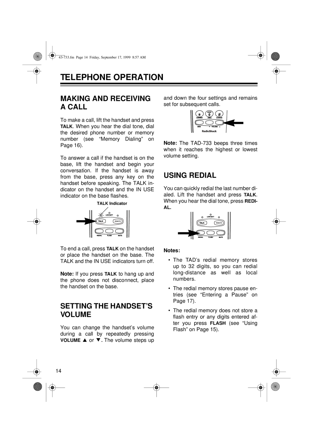 Radio Shack TAD-733 Telephone Operation, Making and Receiving a Call, Setting the HANDSET’S Volume, Using Redial 