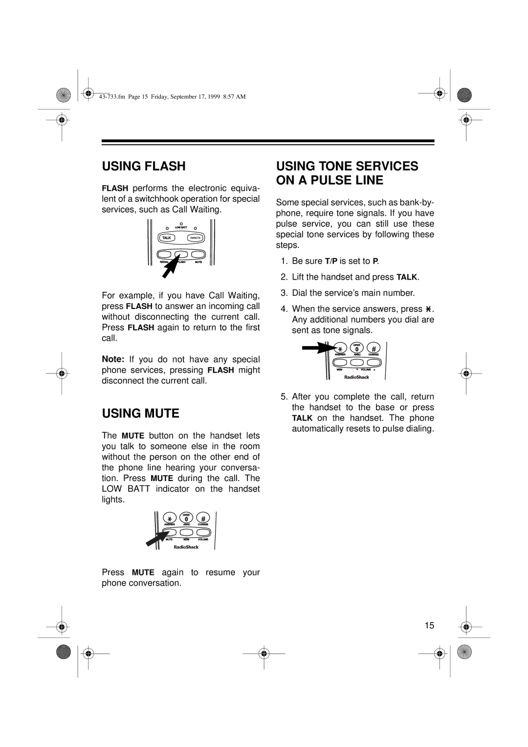 Radio Shack TAD-733 owner manual Using Flash, Using Mute 