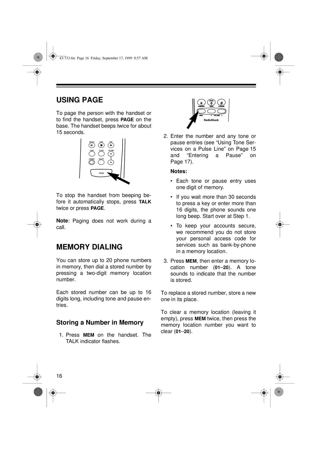 Radio Shack TAD-733 owner manual Using, Memory Dialing, Storing a Number in Memory 