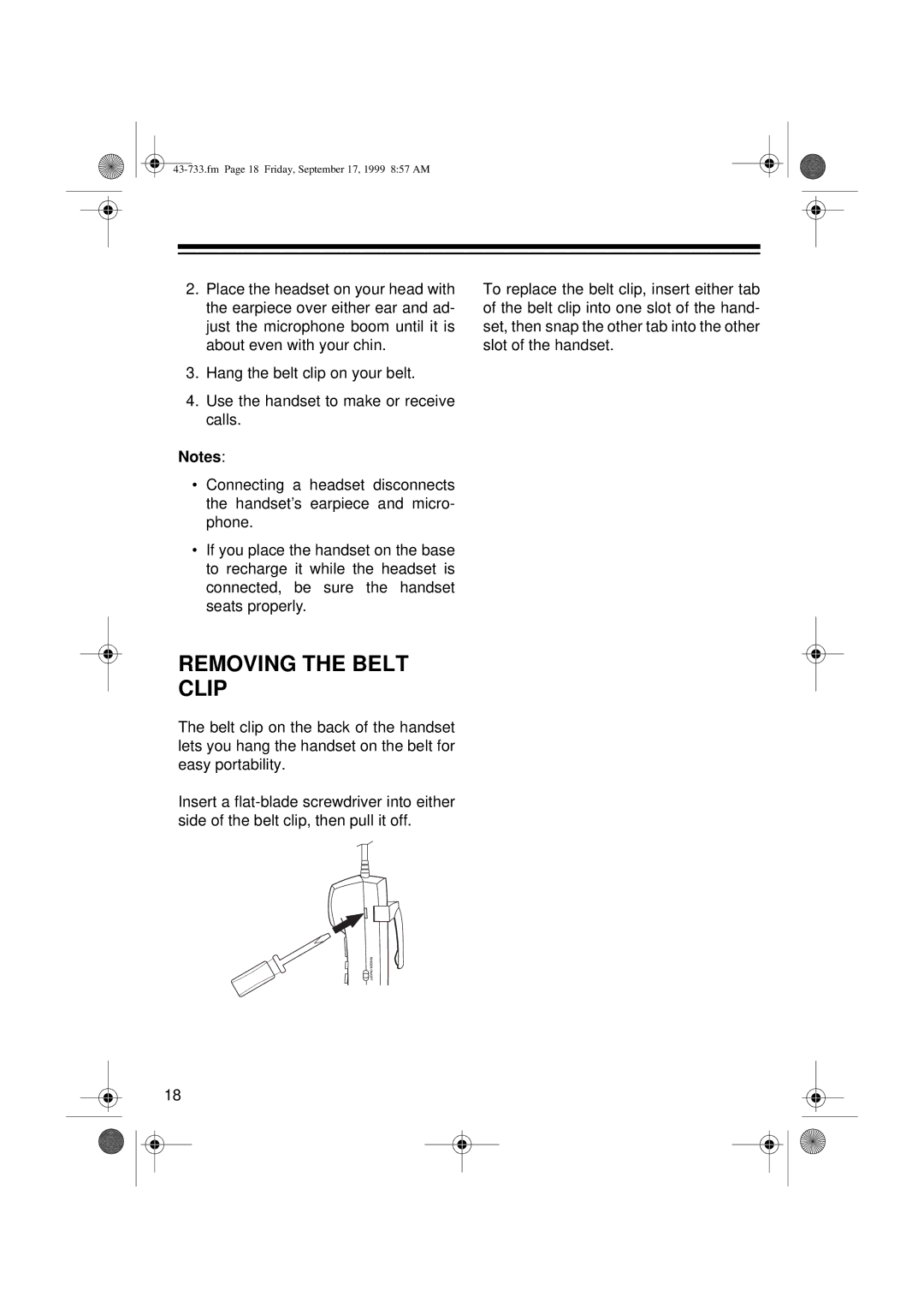 Radio Shack TAD-733 owner manual Removing the Belt Clip 