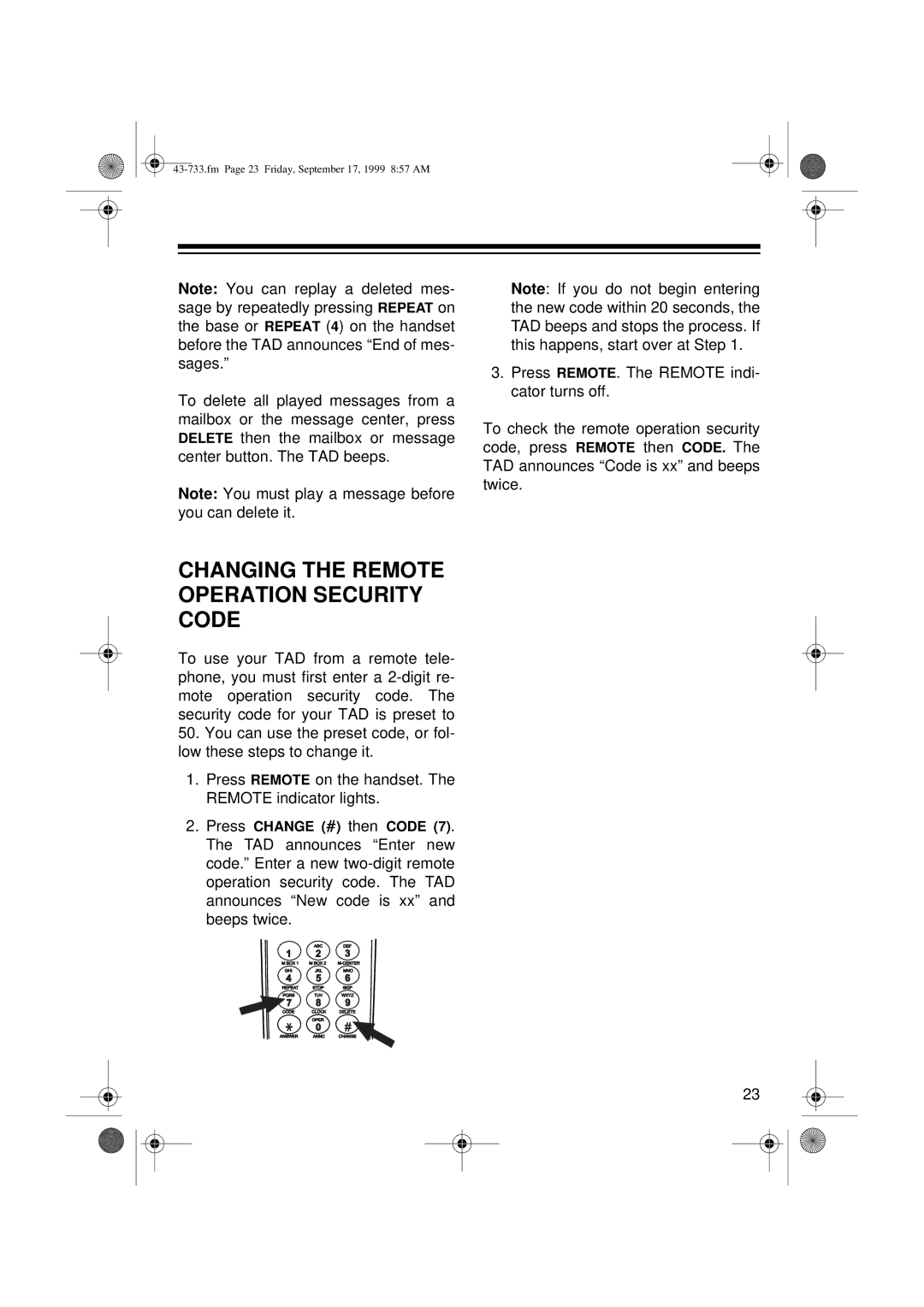 Radio Shack TAD-733 owner manual Changing the Remote Operation Security Code 