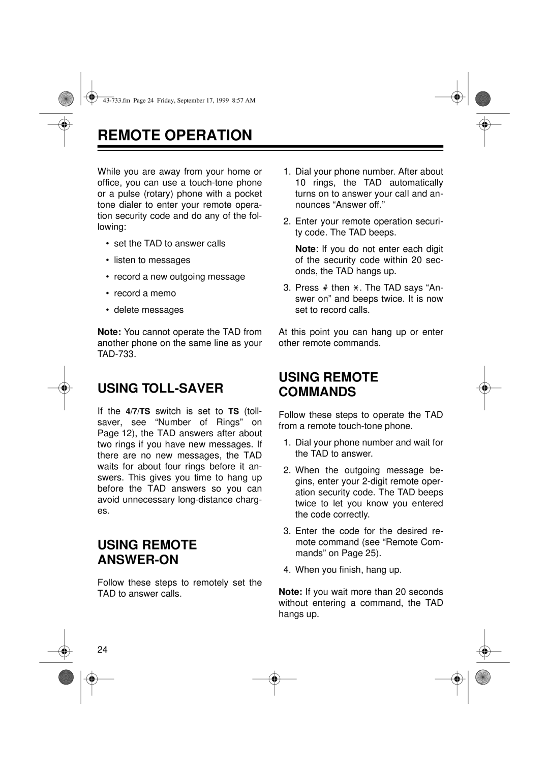 Radio Shack TAD-733 owner manual Remote Operation, Using TOLL-SAVER, Using Remote ANSWER-ON, Using Remote Commands 