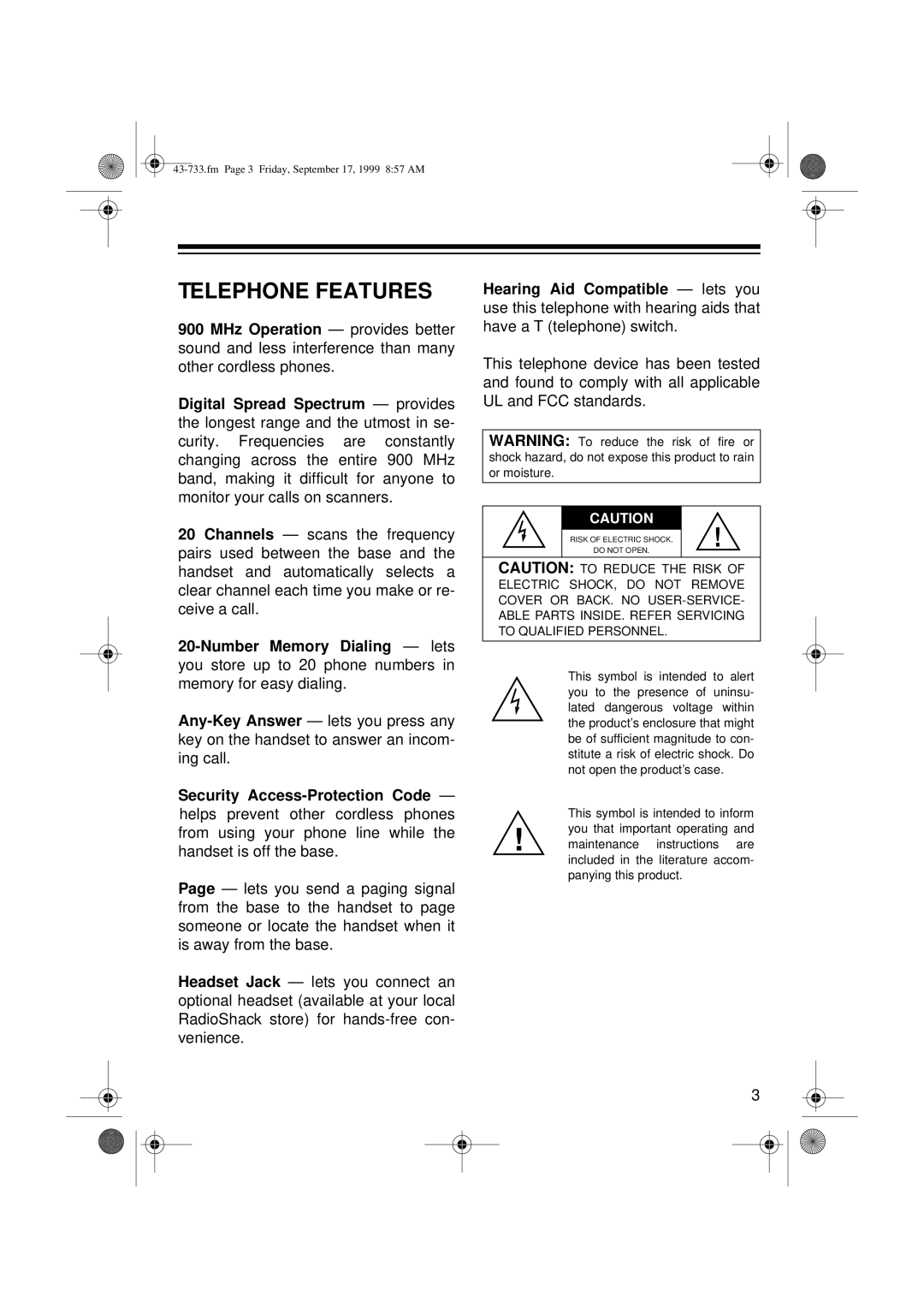 Radio Shack TAD-733 owner manual Telephone Features 