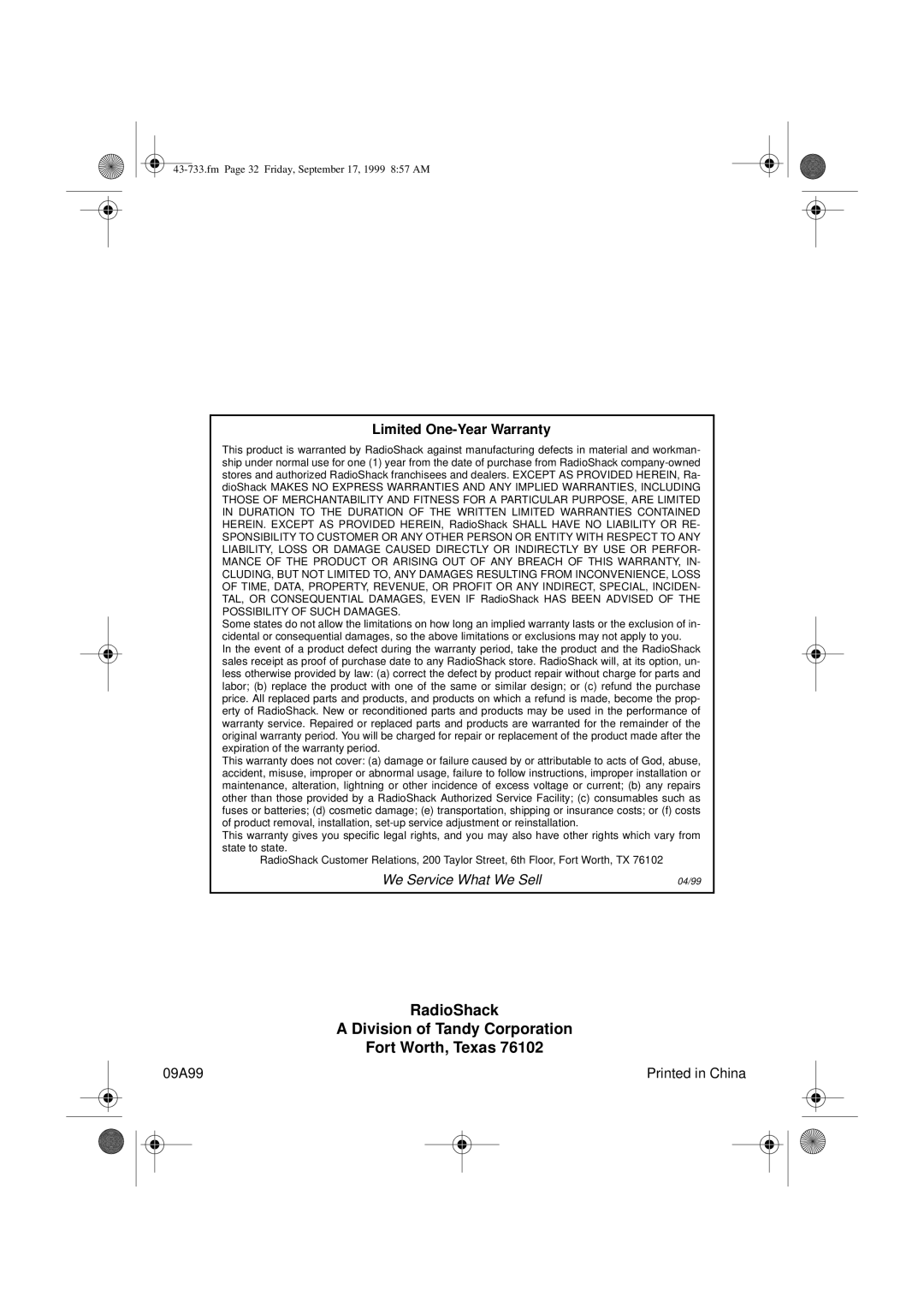 Radio Shack TAD-733 owner manual RadioShack Division of Tandy Corporation Fort Worth, Texas 