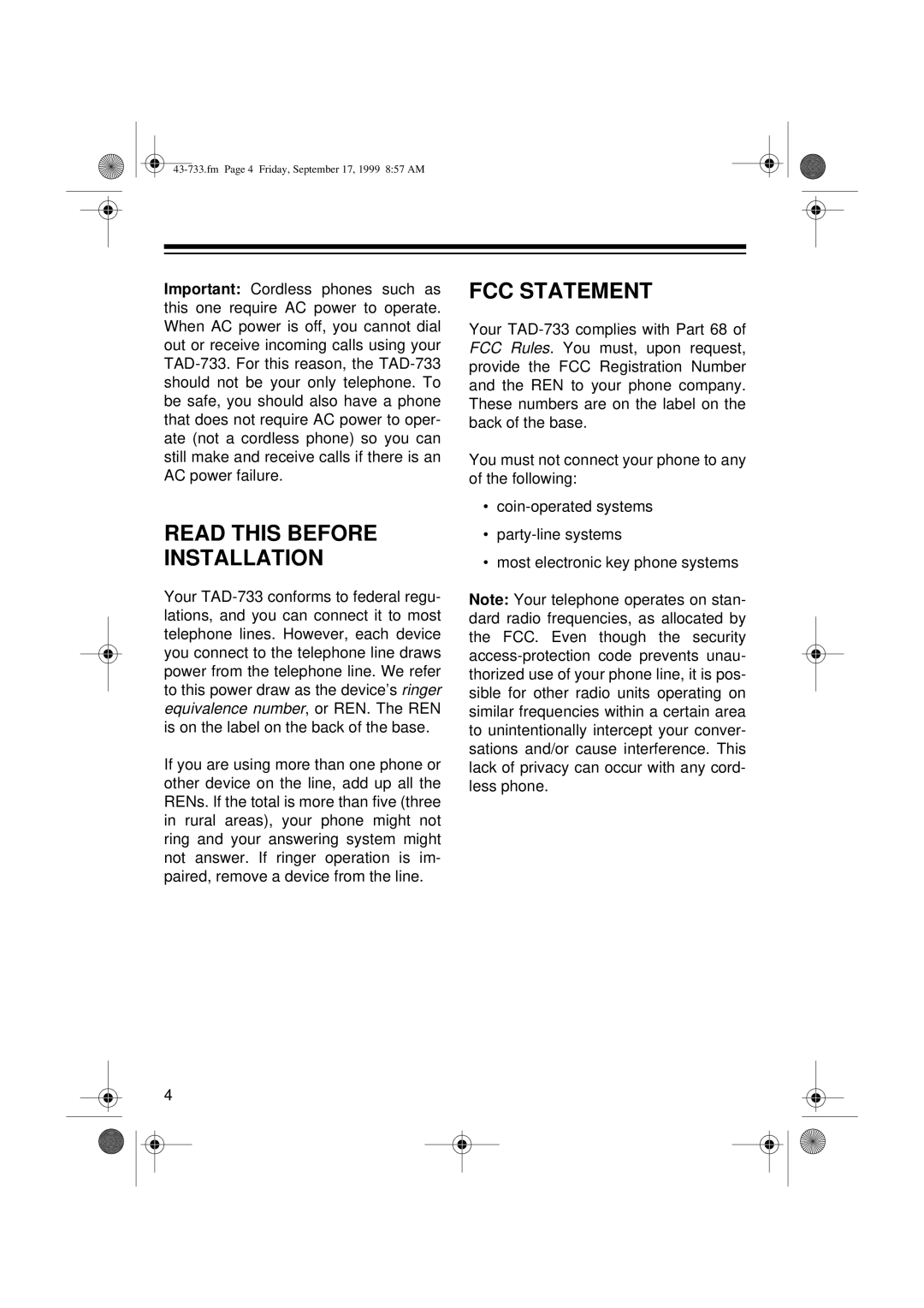 Radio Shack TAD-733 owner manual Read this Before Installation FCC Statement 