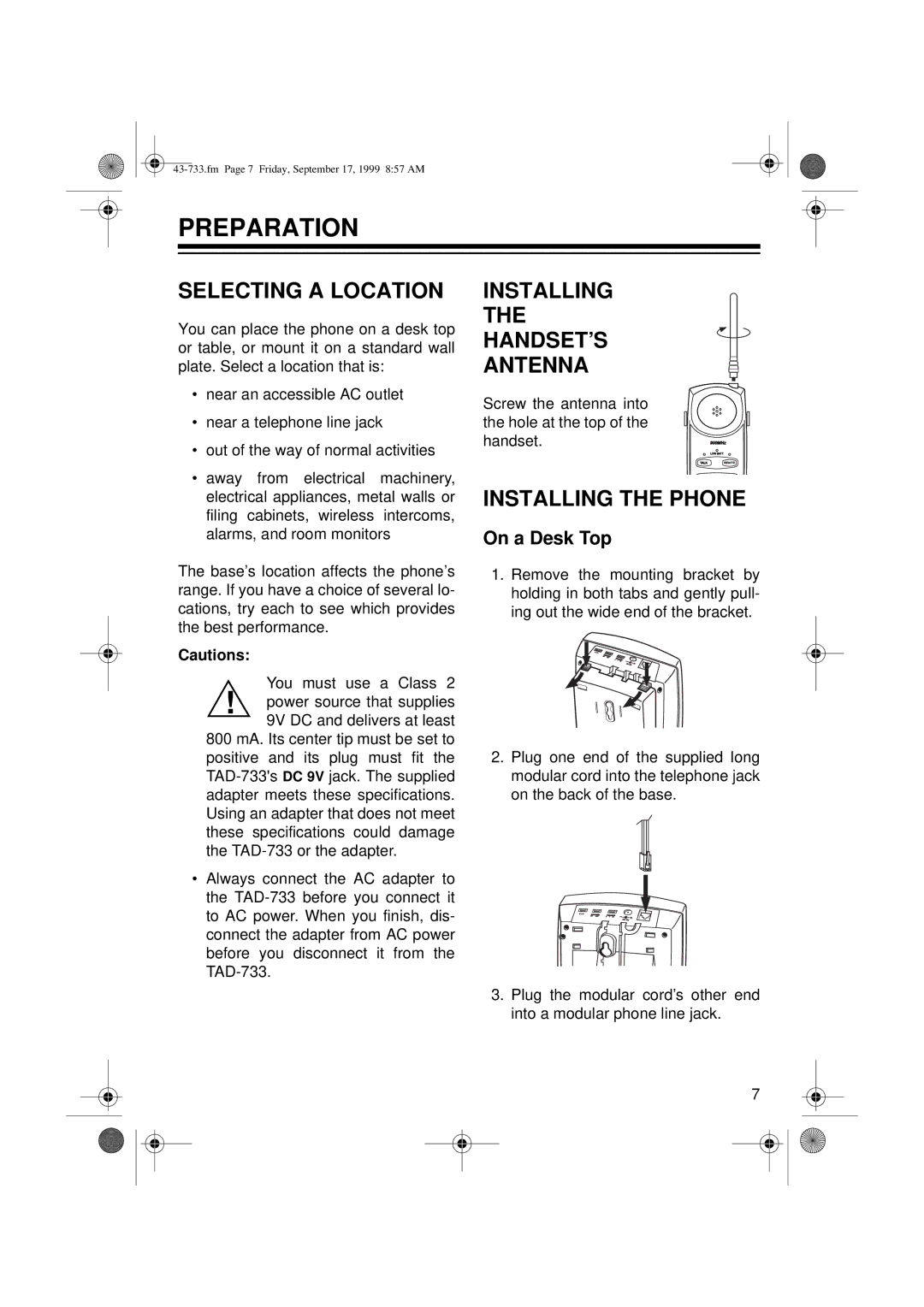 Radio Shack TAD-733 Preparation, Selecting a Location, Installing HANDSET’S Antenna, Installing the Phone, On a Desk Top 