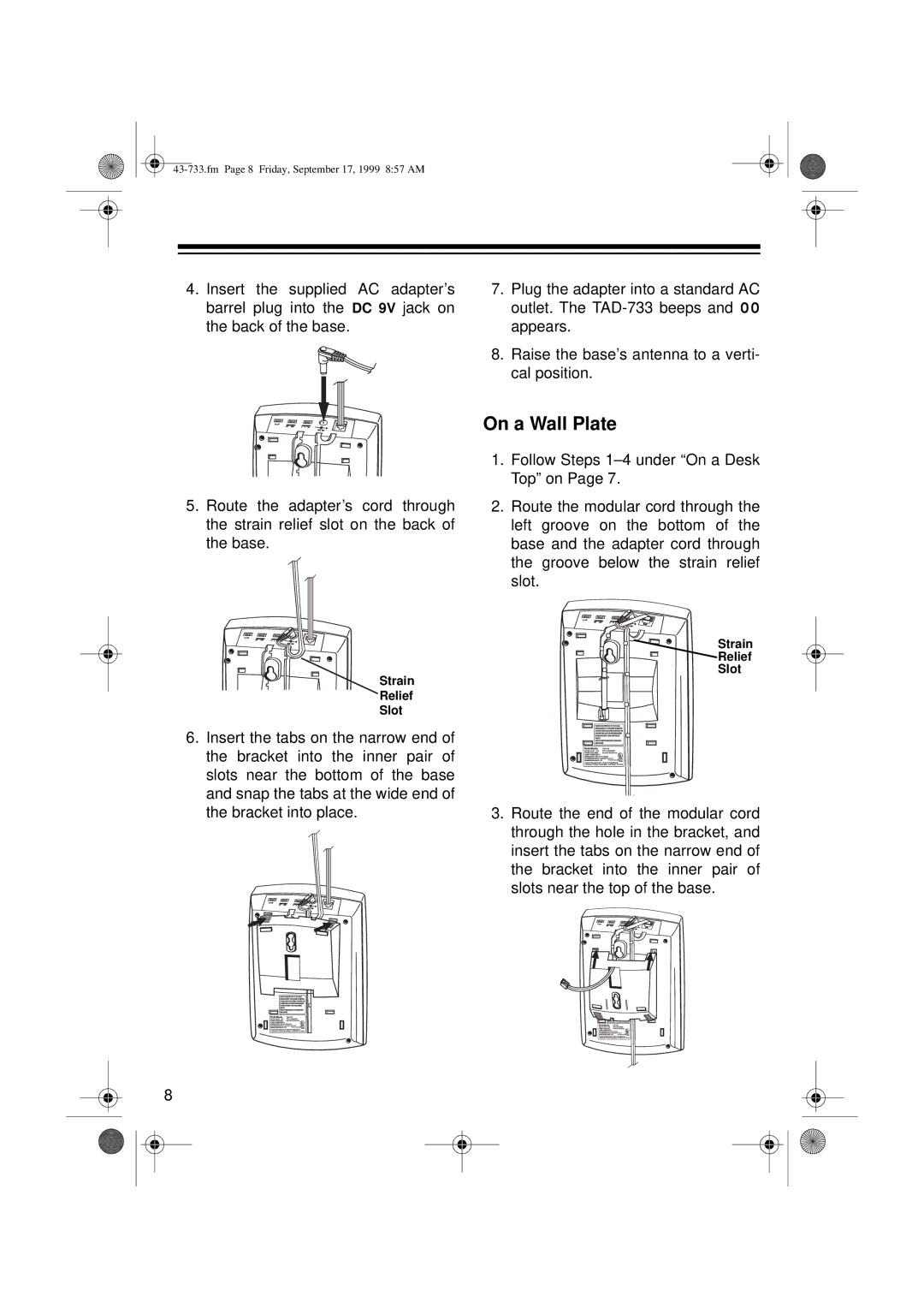 Radio Shack TAD-733 owner manual On a Wall Plate 