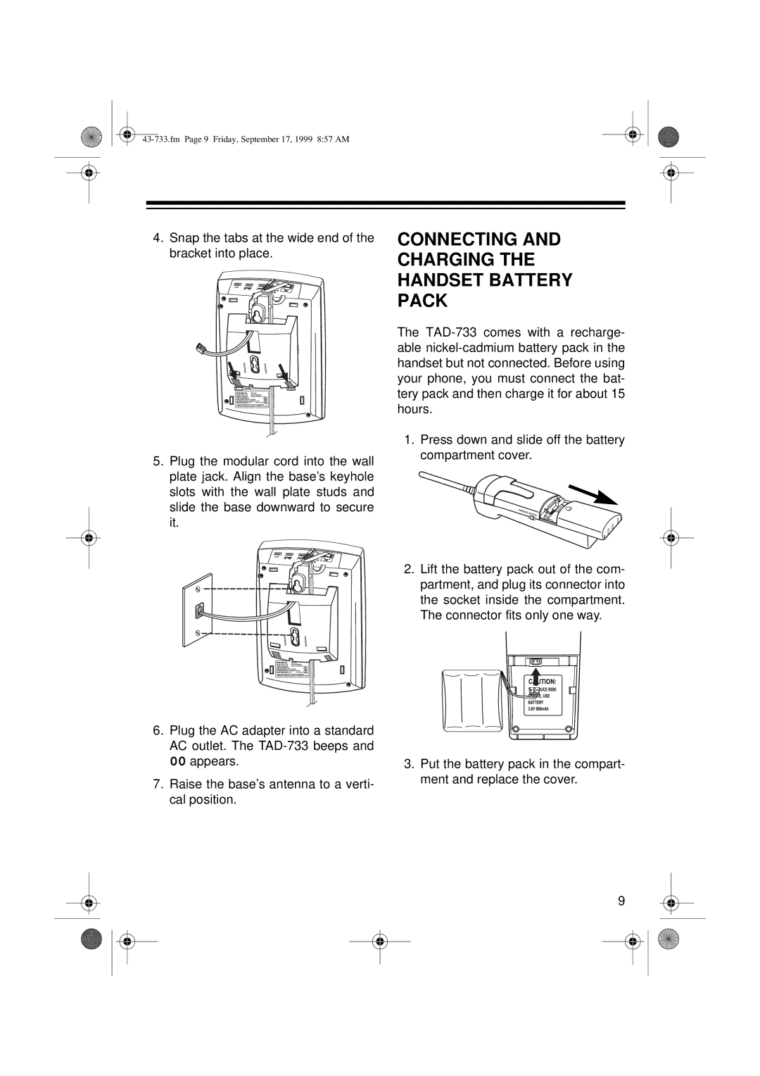 Radio Shack TAD-733 owner manual Connecting and Charging the Handset Battery Pack 