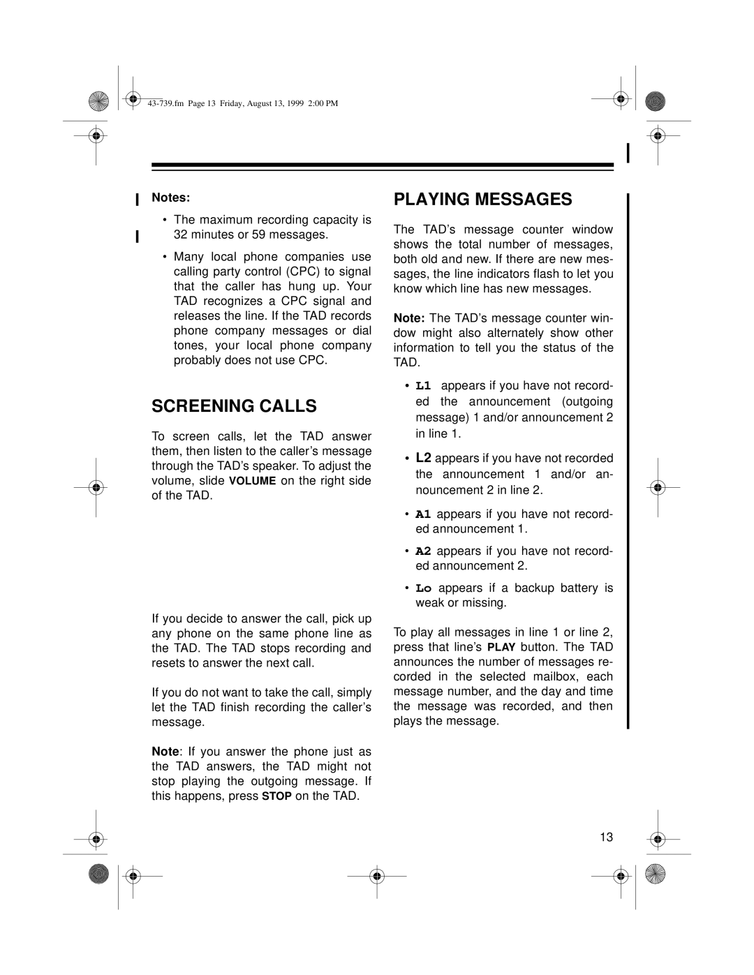 Radio Shack TAD-739 owner manual Screening Calls, Playing Messages 