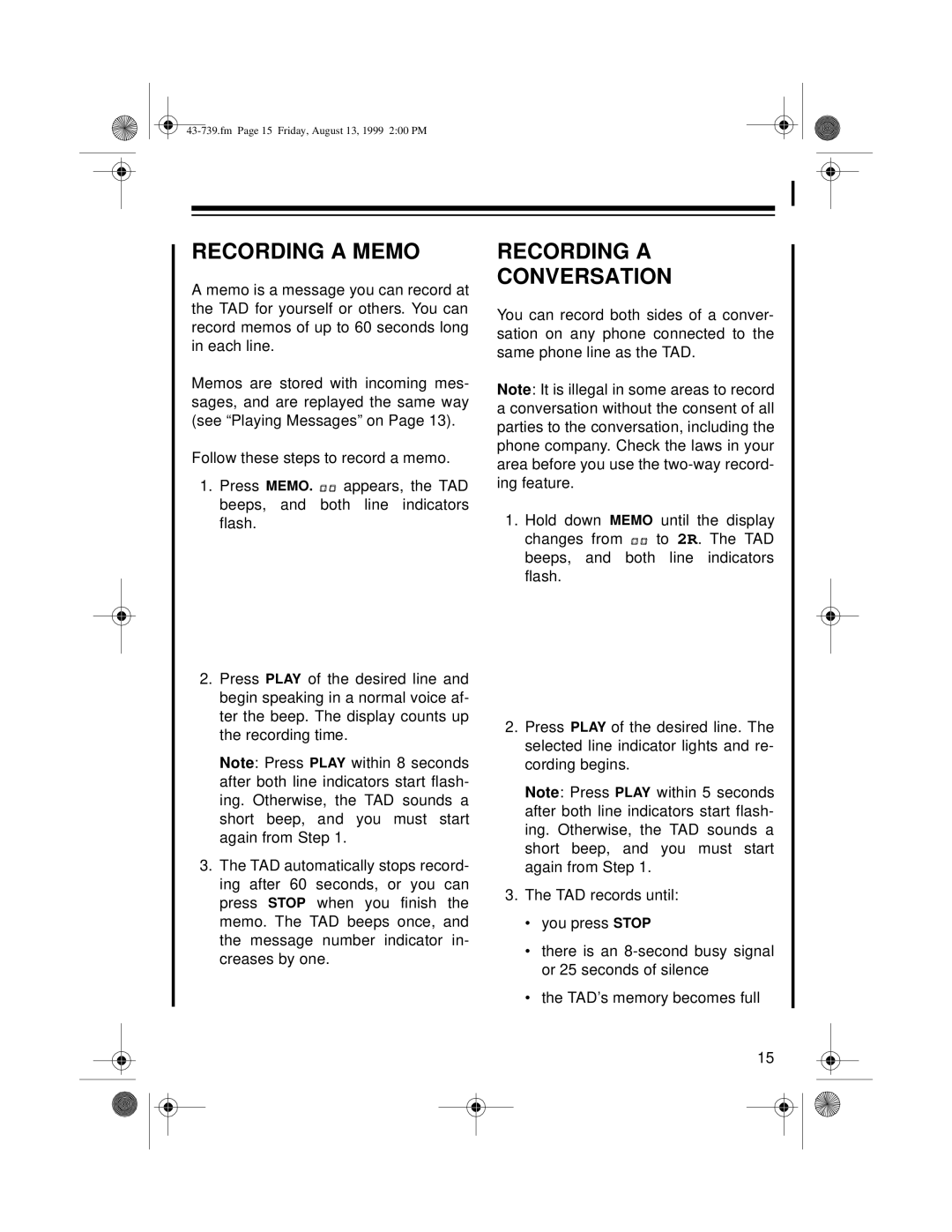 Radio Shack TAD-739 owner manual Recording a Memo, Recording a Conversation 