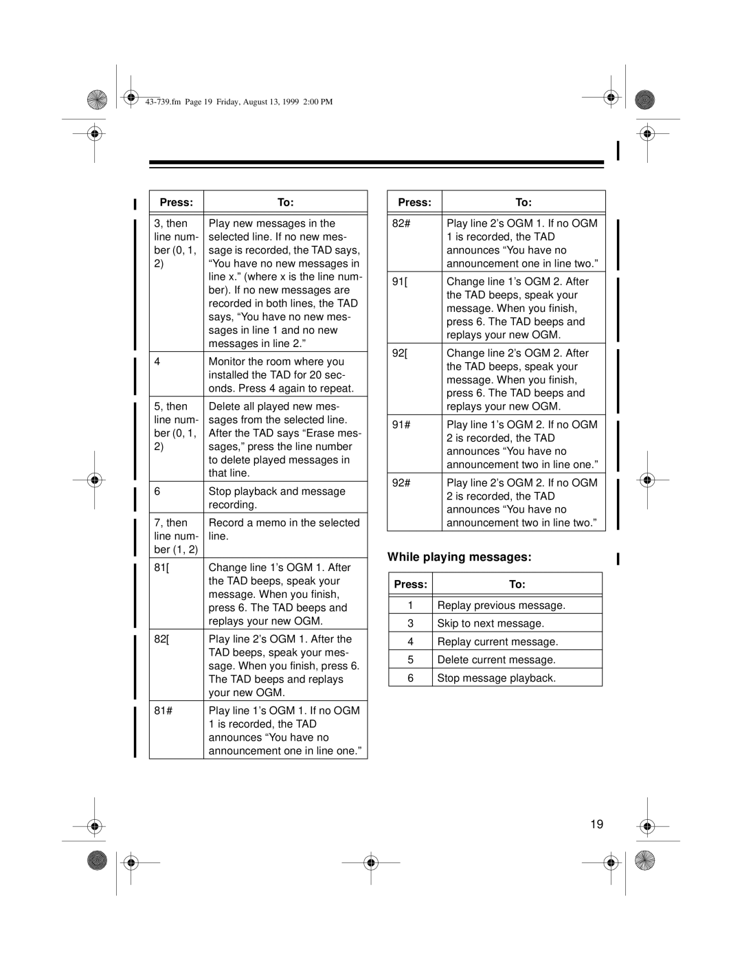 Radio Shack TAD-739 owner manual While playing messages 