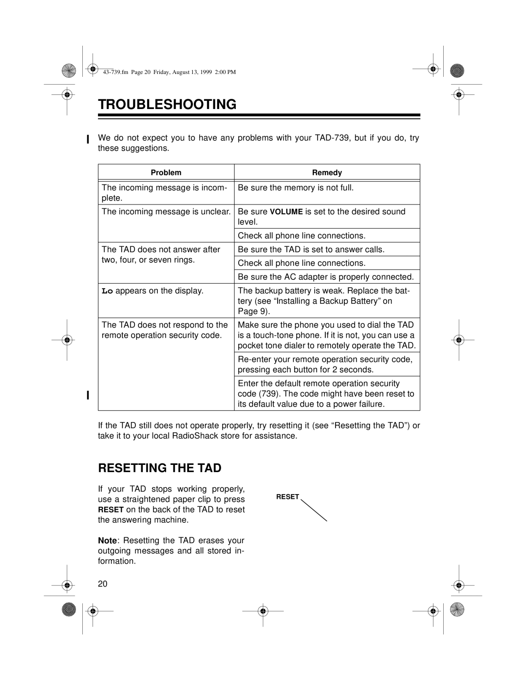 Radio Shack TAD-739 owner manual Troubleshooting, Resetting the TAD 