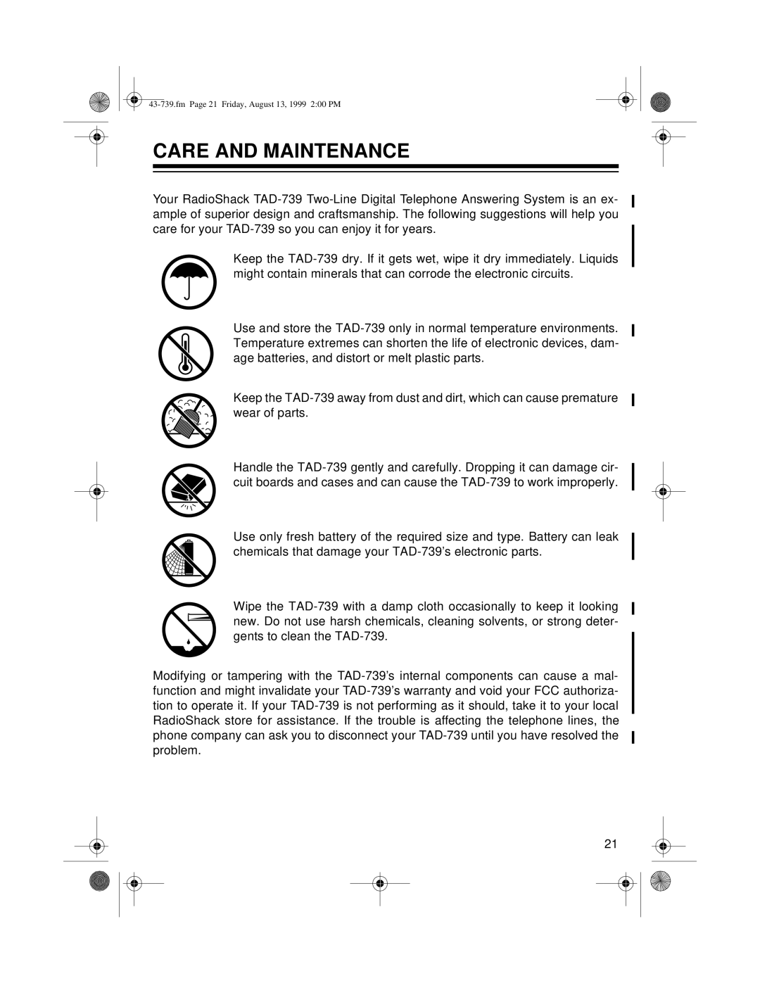 Radio Shack TAD-739 owner manual Care and Maintenance 