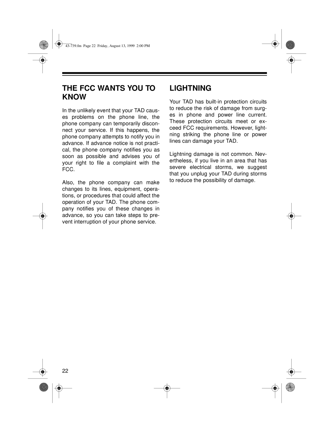 Radio Shack TAD-739 owner manual FCC Wants YOU to Know, Lightning 