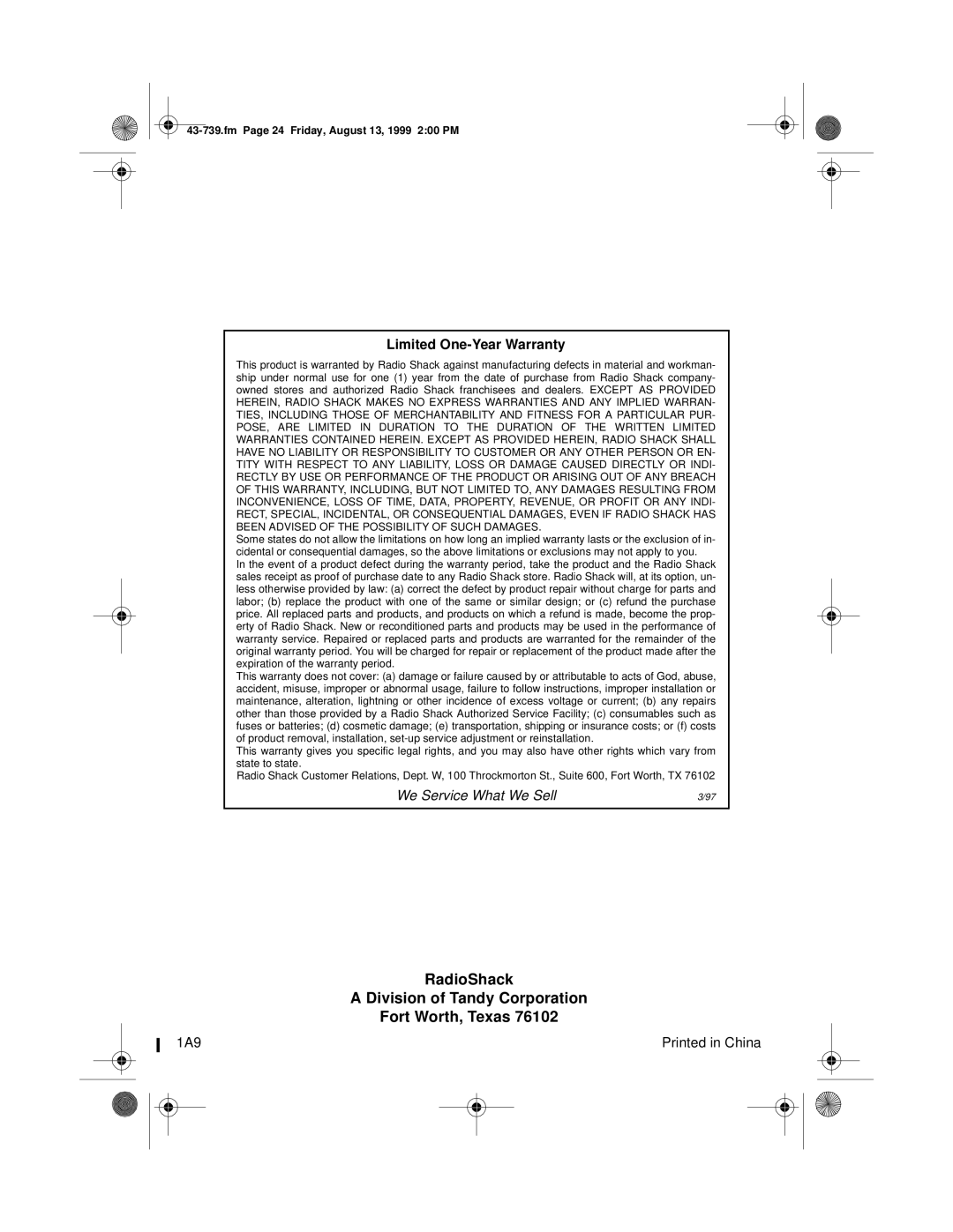 Radio Shack TAD-739 owner manual RadioShack Division of Tandy Corporation Fort Worth, Texas 