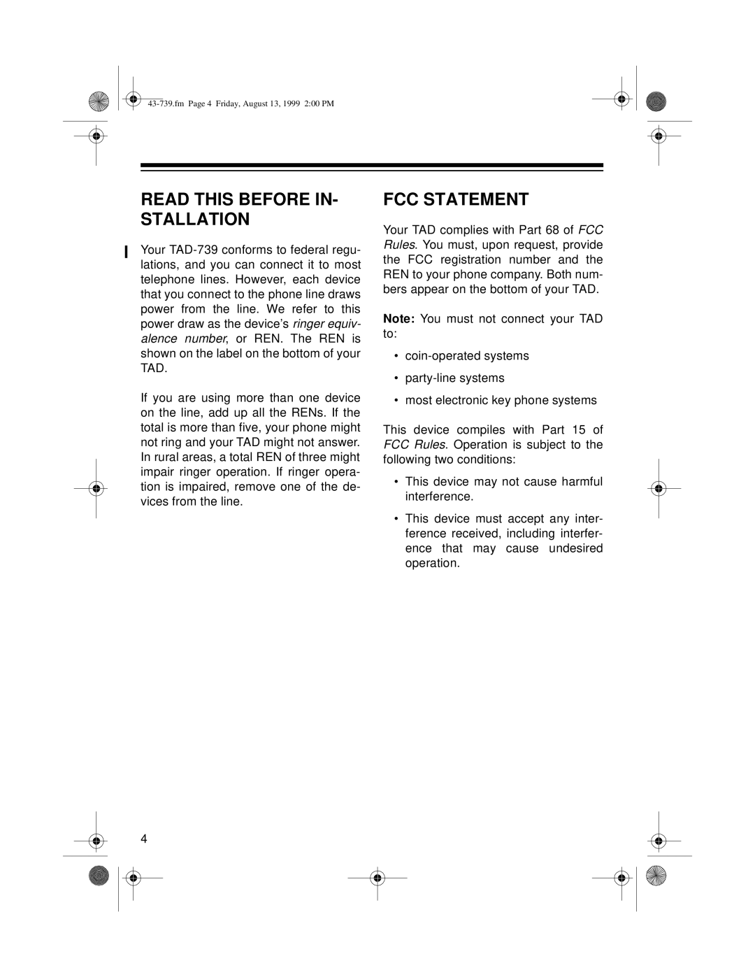 Radio Shack TAD-739 owner manual Read this Before IN- Stallation, FCC Statement 