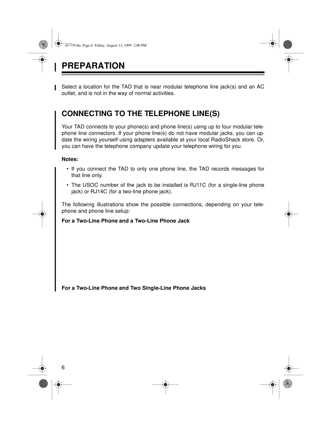 Radio Shack TAD-739 owner manual Preparation, Connecting to the Telephone Lines 