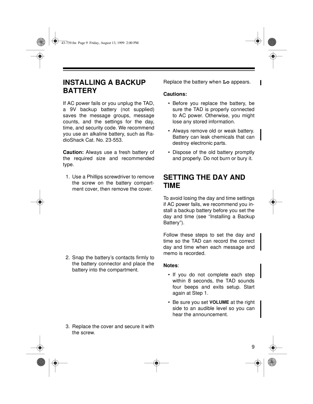 Radio Shack TAD-739 owner manual Installing a Backup Battery, Setting the DAY and Time 