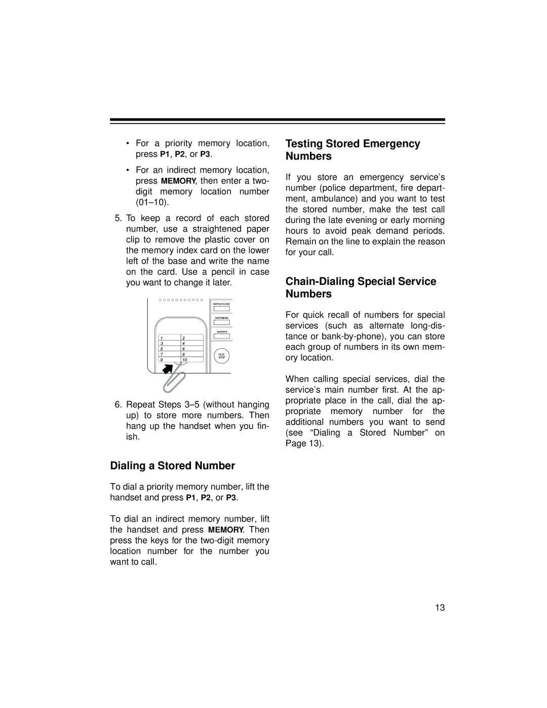 Radio Shack TAD-759 Dialing a Stored Number, Testing Stored Emergency Numbers, Chain-Dialing Special Service Numbers 