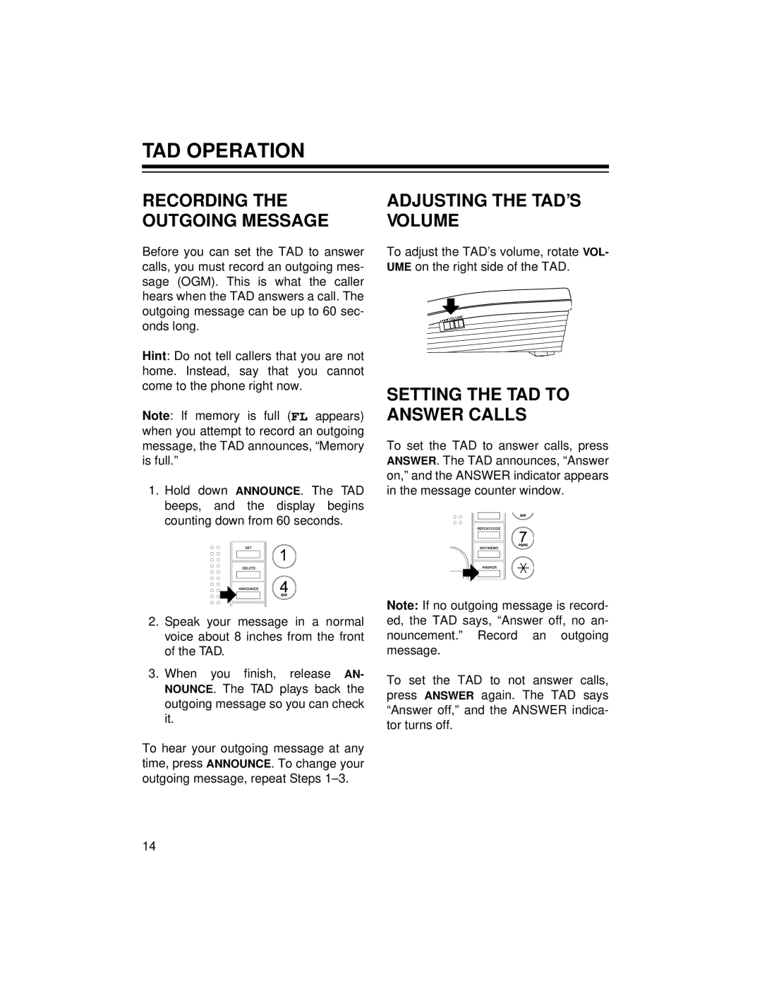 Radio Shack TAD-759 owner manual TAD Operation, Adjusting the TAD’S Volume, Setting the TAD to Answer Calls 