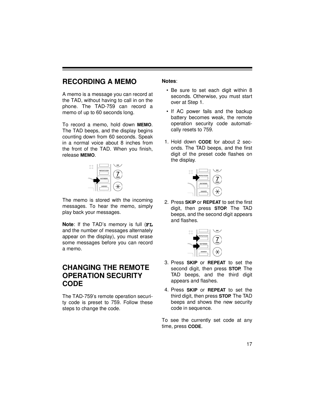 Radio Shack TAD-759 owner manual Recording a Memo, Changing the Remote Operation Security Code 