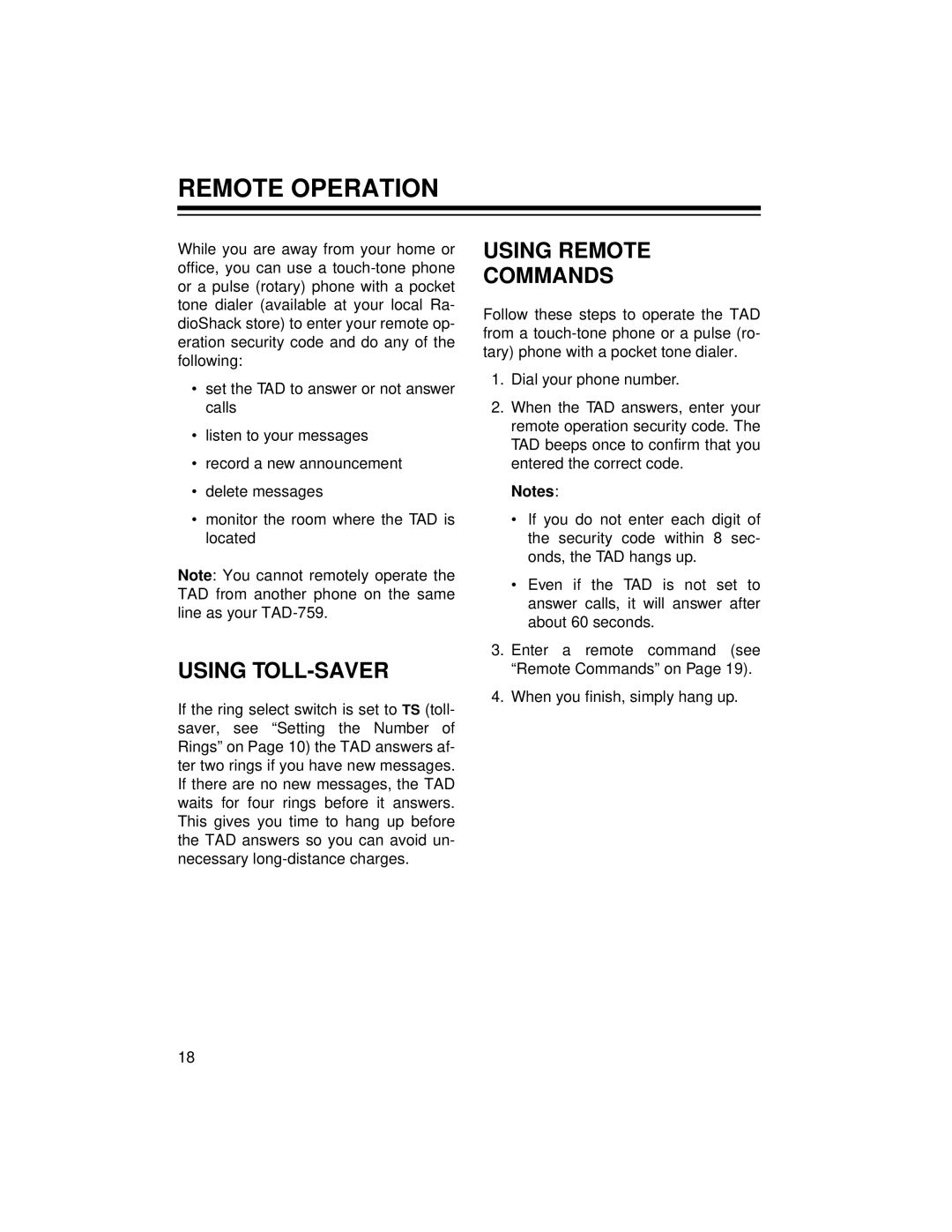 Radio Shack TAD-759 owner manual Remote Operation, Using TOLL-SAVER, Using Remote Commands 