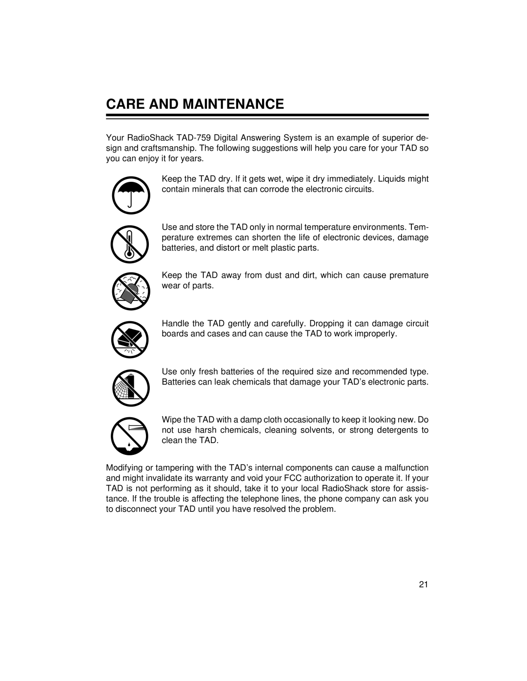 Radio Shack TAD-759 owner manual Care and Maintenance 