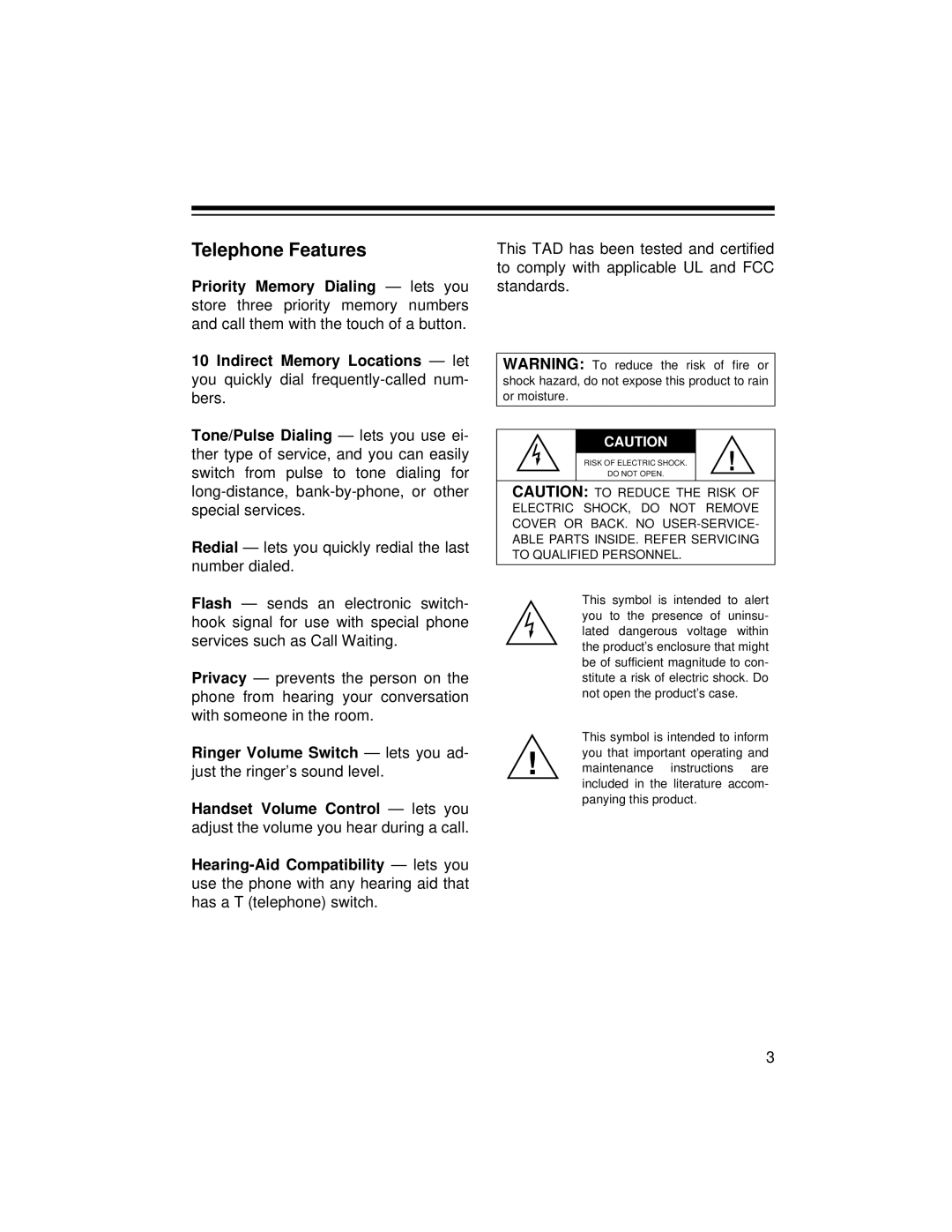 Radio Shack TAD-759 owner manual Telephone Features 