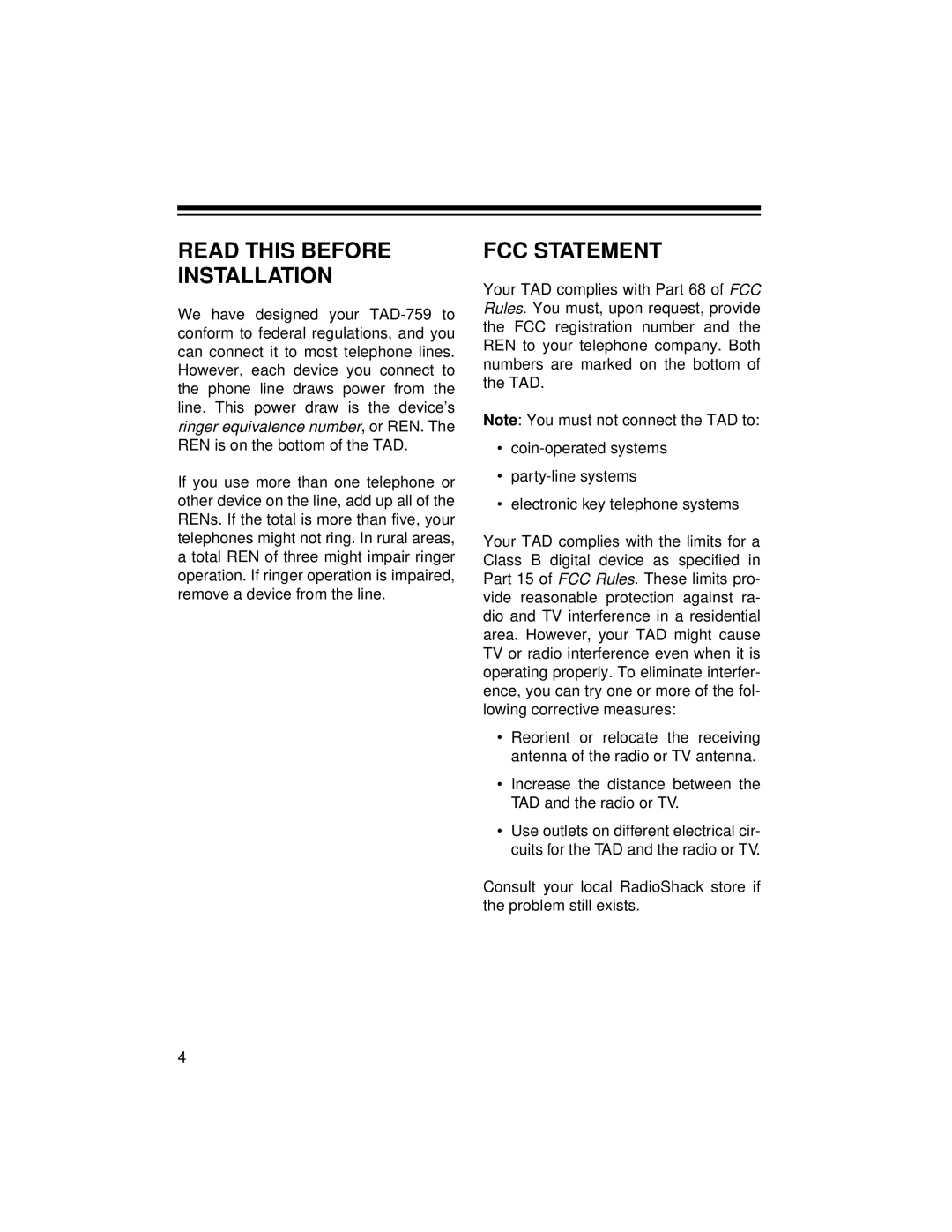 Radio Shack TAD-759 owner manual Read this Before Installation, FCC Statement 