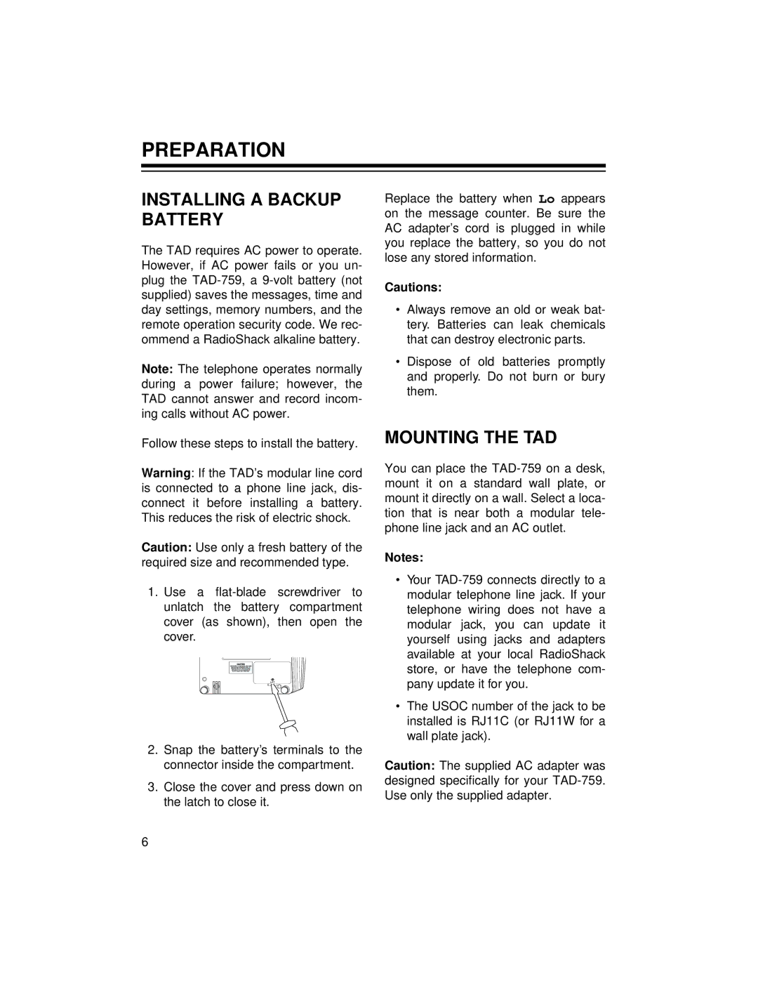 Radio Shack TAD-759 owner manual Preparation, Installing a Backup Battery, Mounting the TAD 